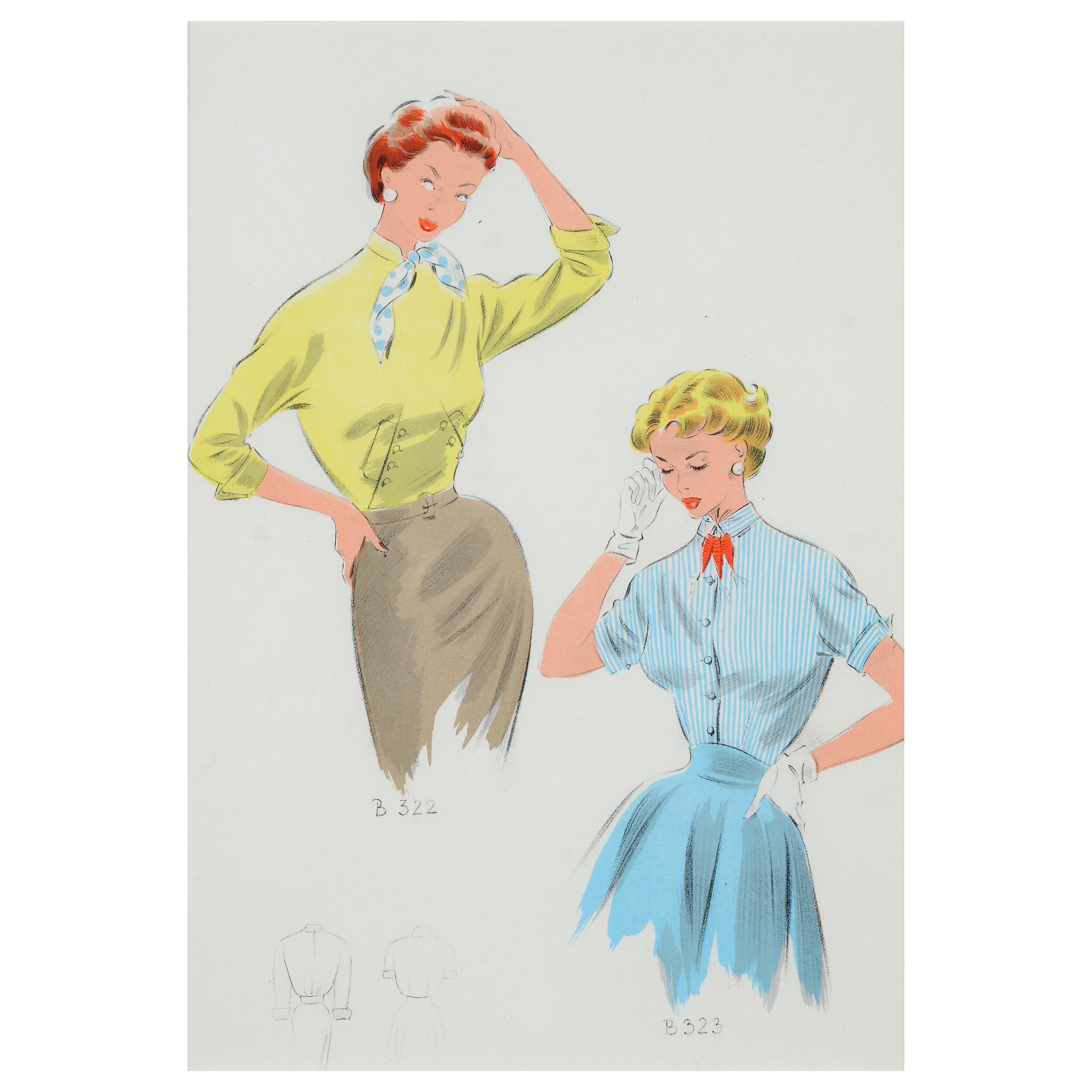 Set of eight 1950's vintage French fashion prints the Summer collection of 1954 For Sale 11