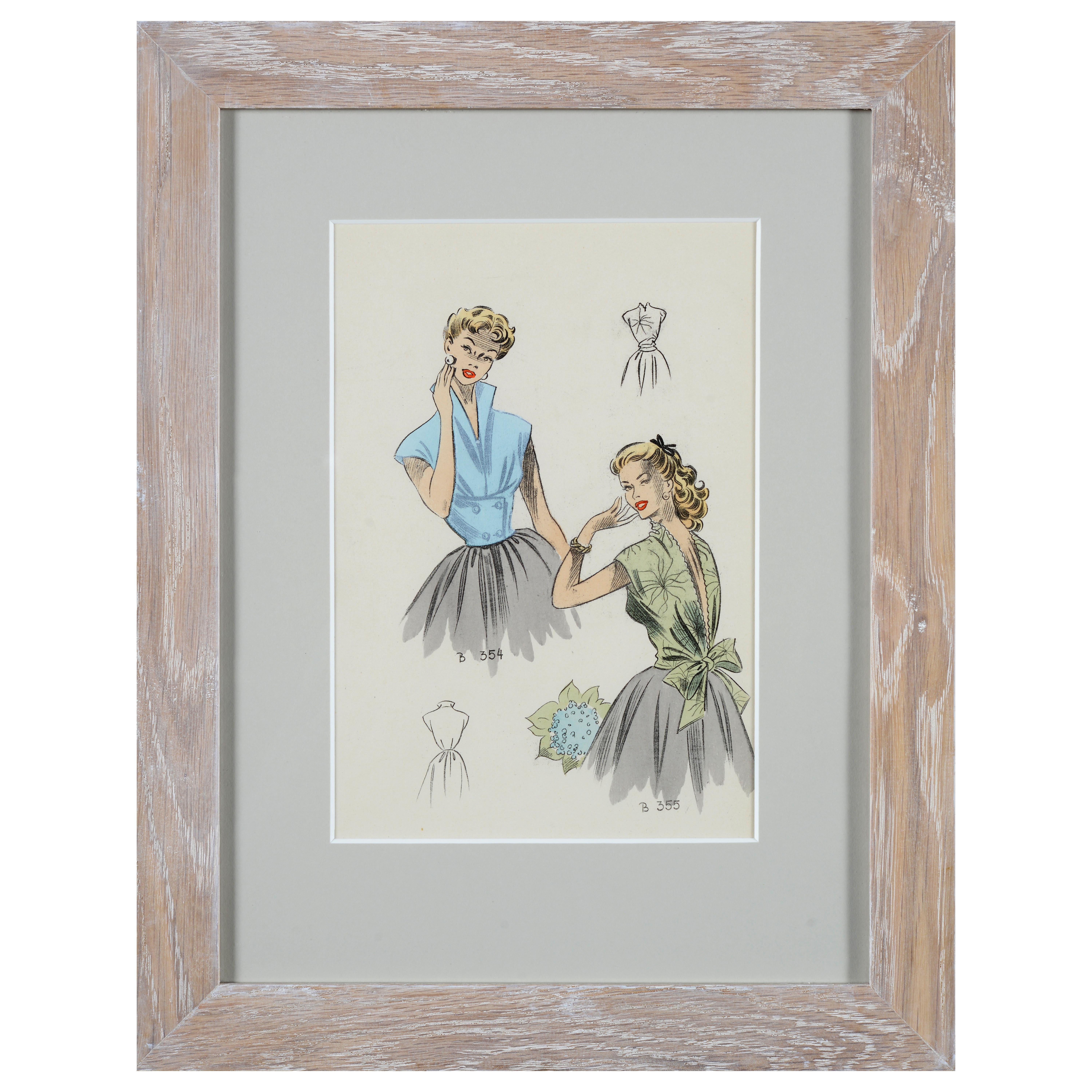 A set of 8 1950's vintage French fashion prints
Vintage Blouses Exquisites (exquisite), the Summer collection of 1954 for Mode Studio of Paris
Colour lithographs, now framed and glazed in new limed oak frames. 

21cm H, 15cm W (within mount)
37cm H,