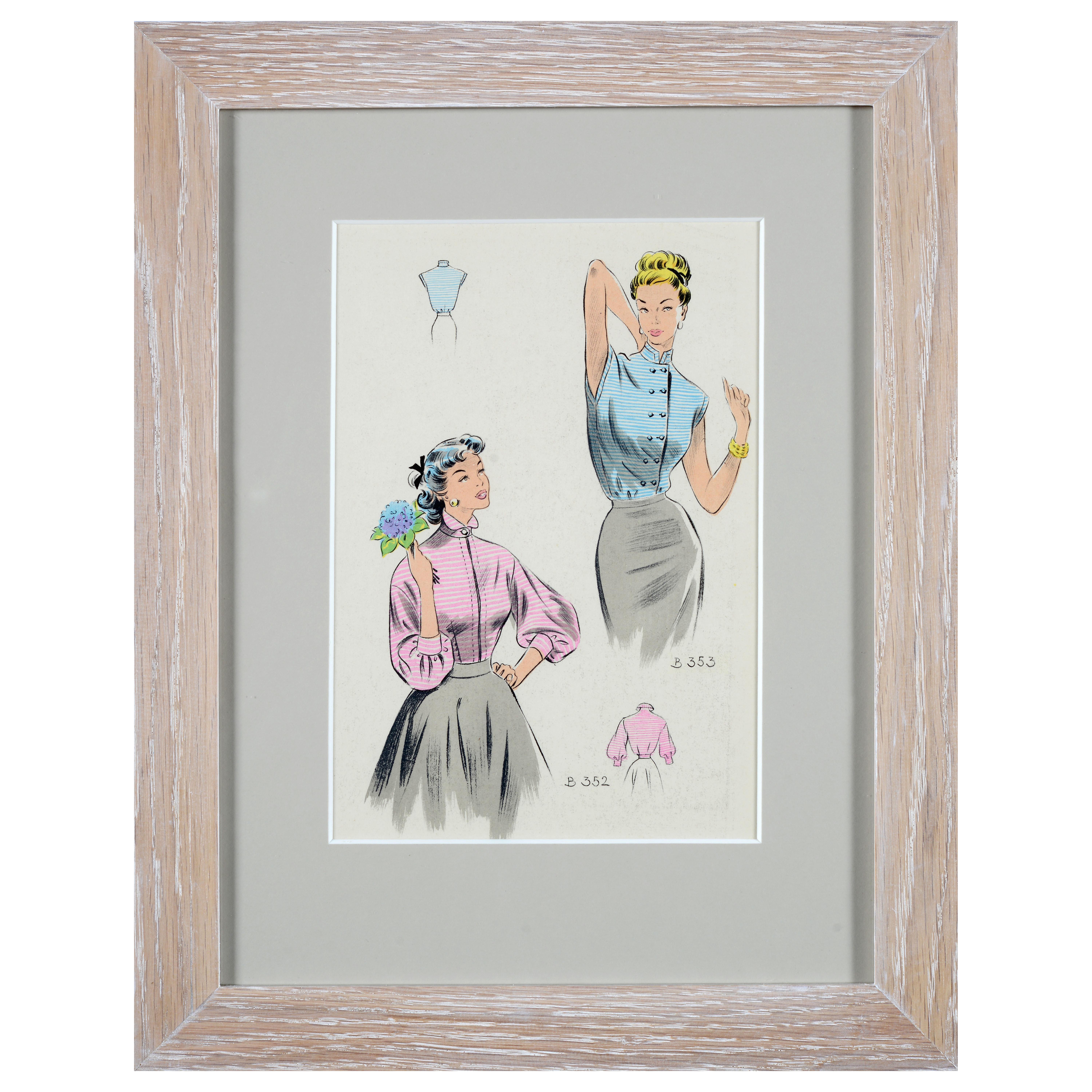 Set of eight 1950's vintage French fashion prints the Summer collection of 1954 In Excellent Condition For Sale In Castle Douglas, GB