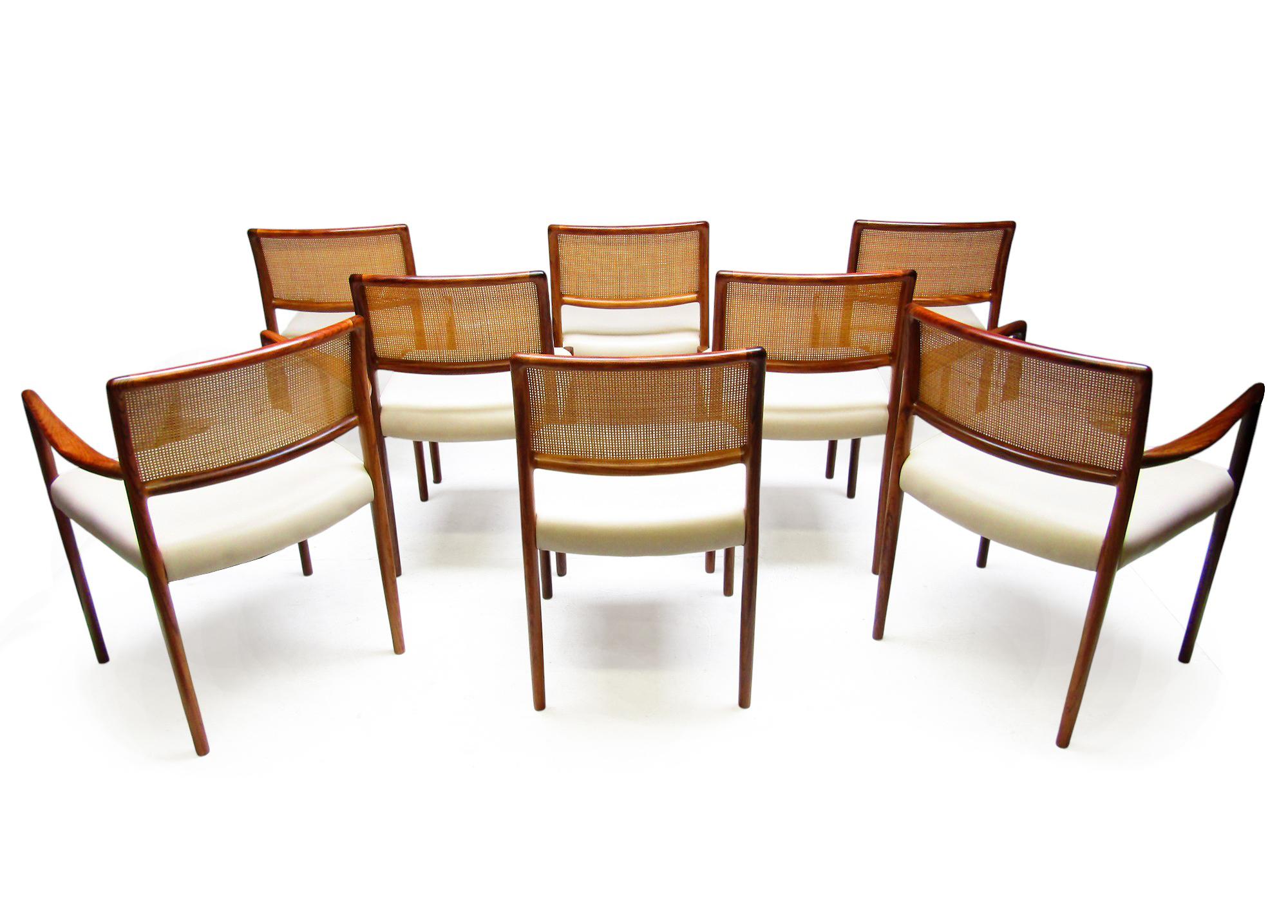 Mid-Century Modern Set Of Eight 1960s Danish Dining Chairs In Rosewood & Rattan By Niels Moller For Sale
