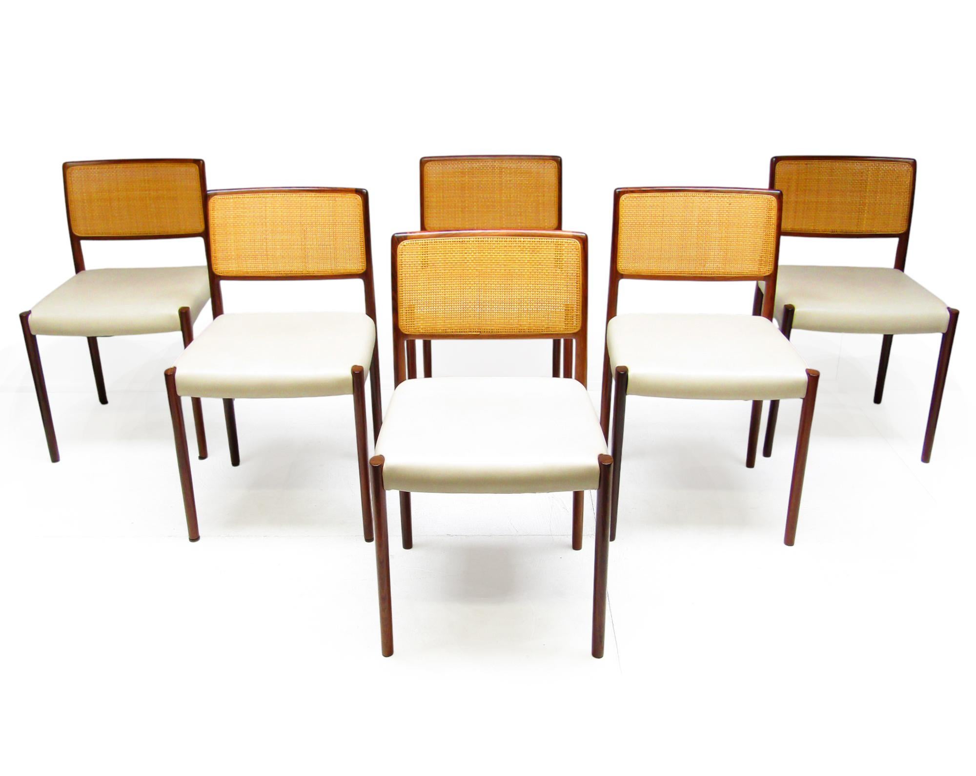 Set Of Eight 1960s Danish Dining Chairs In Rosewood & Rattan By Niels Moller For Sale 1