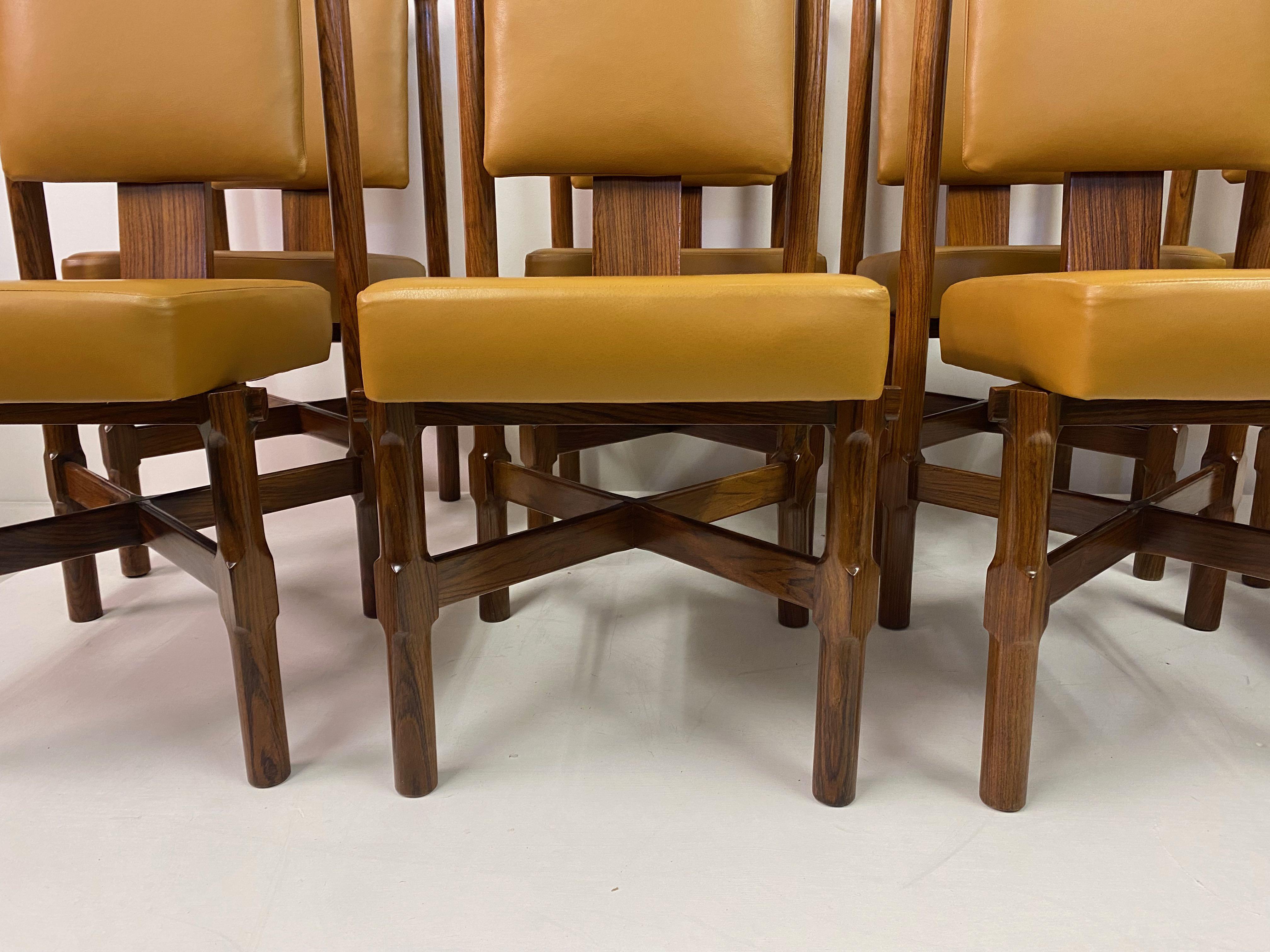 Eight dining chairs

Iroko frame

New leather upholstery

Professionally restored

Seat height 45cm

Italian 1960s.
