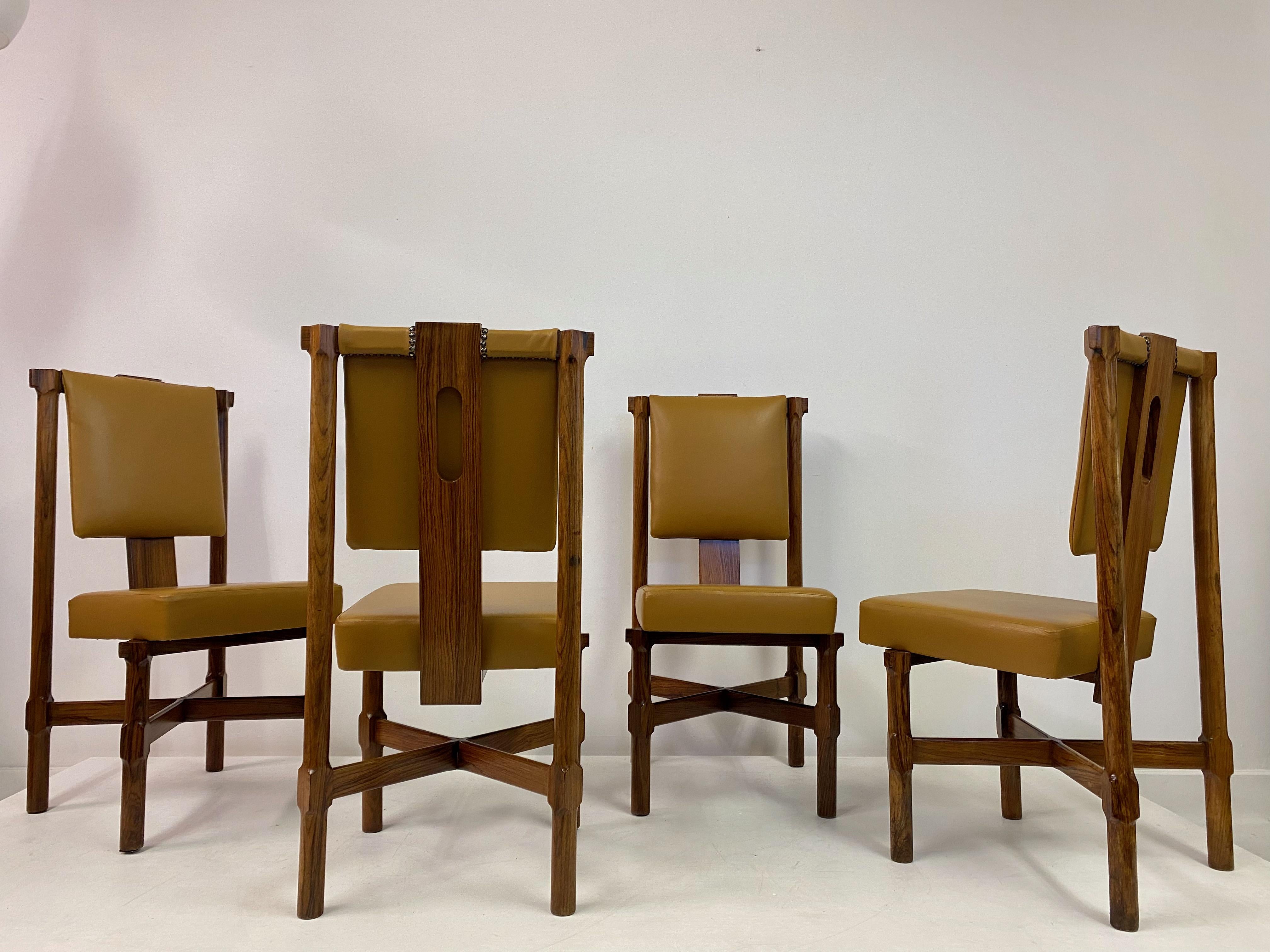 Set of Eight 1960s Italian Iroko and Leather Dining Chairs 1