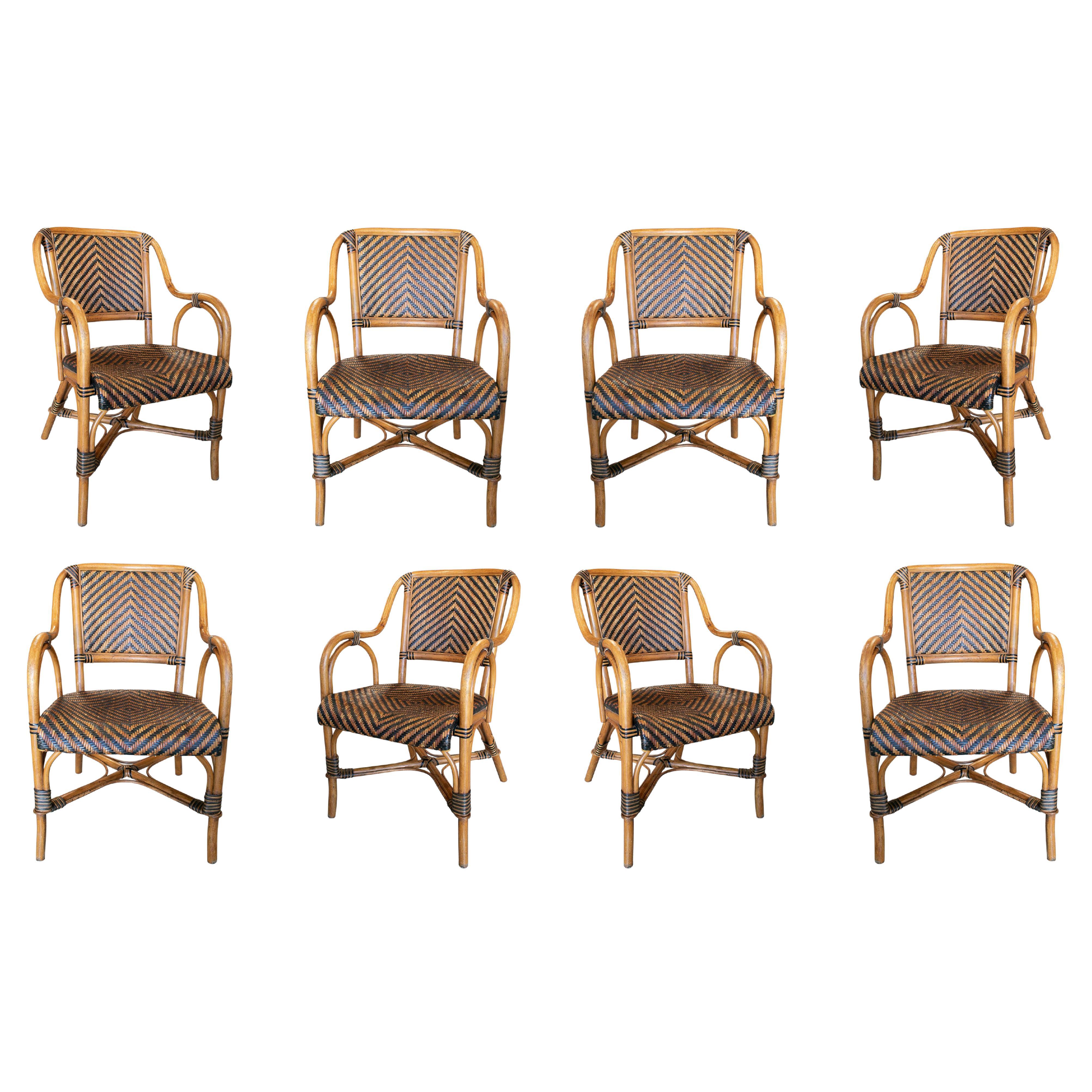 Set of eight 1980s Spanish Woven Wicker & Bamboo Armchairs