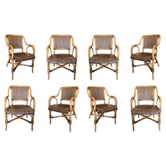 Set of eight 1980s Spanish Woven Wicker & Bamboo Armchairs