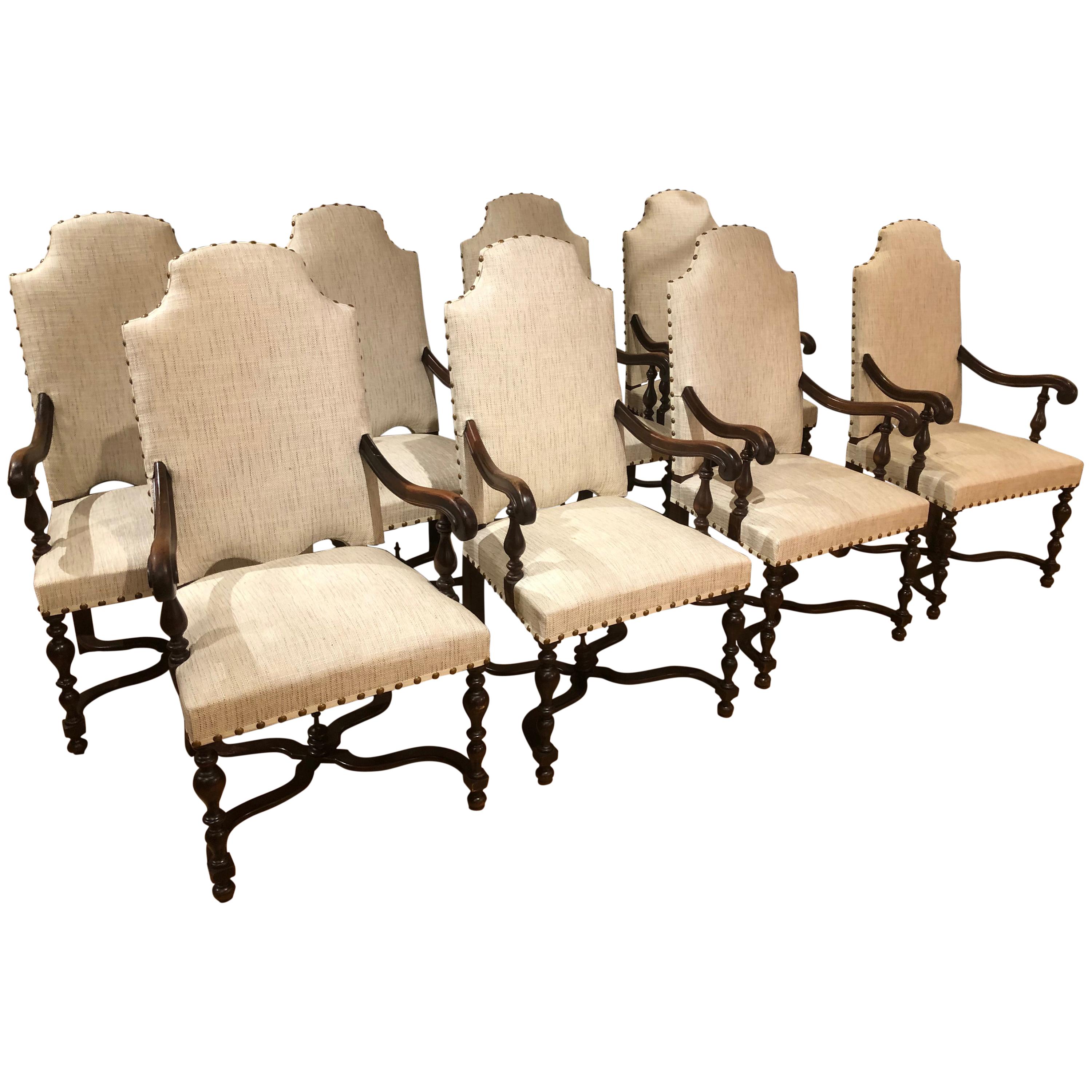 Set of Eight 19th Century Baroque Styled French Armchairs Upholstered in Linen