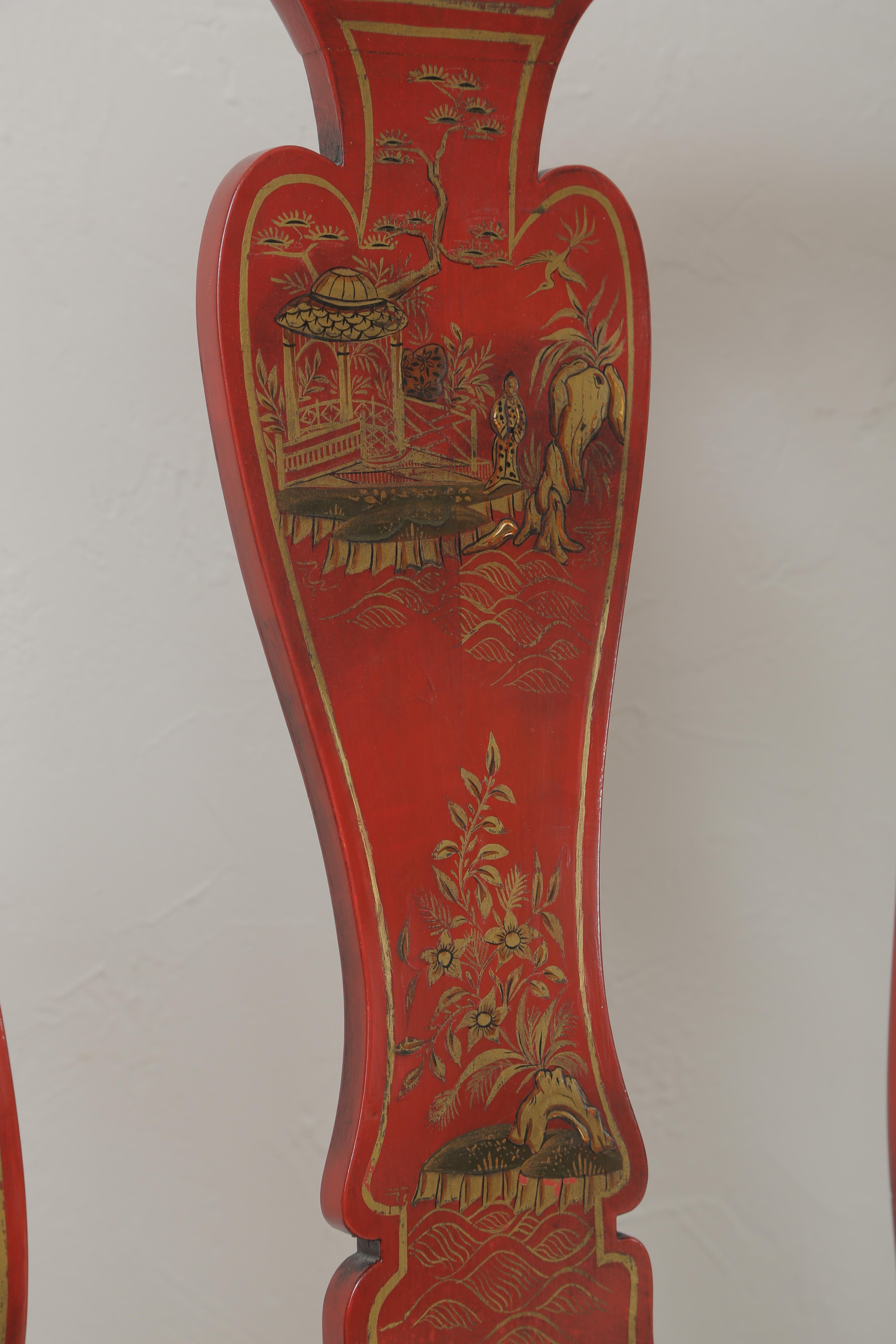 Set of Eight Lacquered Red Chinoiserie Dining Chairs For Sale 4