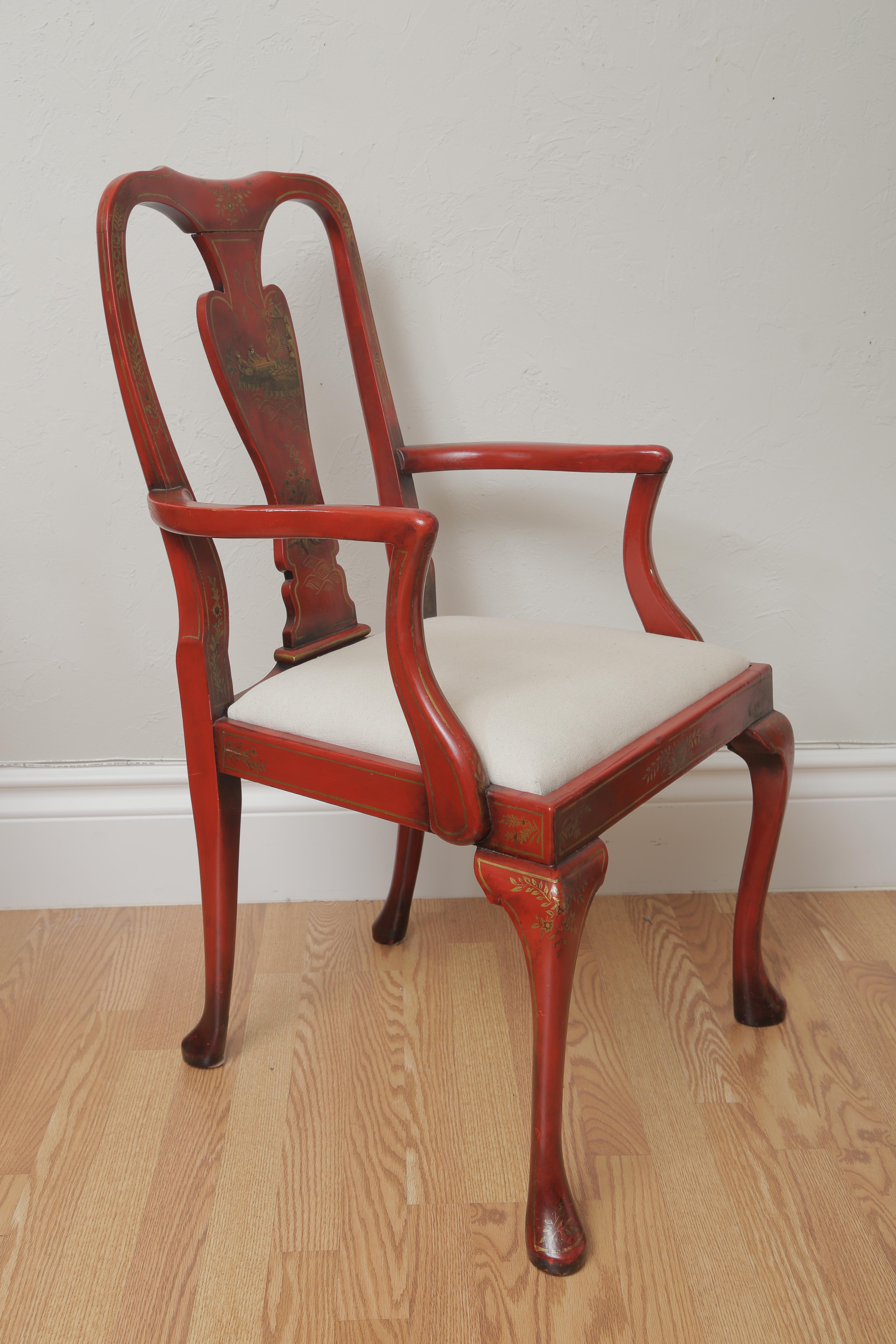 Set of Eight Lacquered Red Chinoiserie Dining Chairs For Sale 6