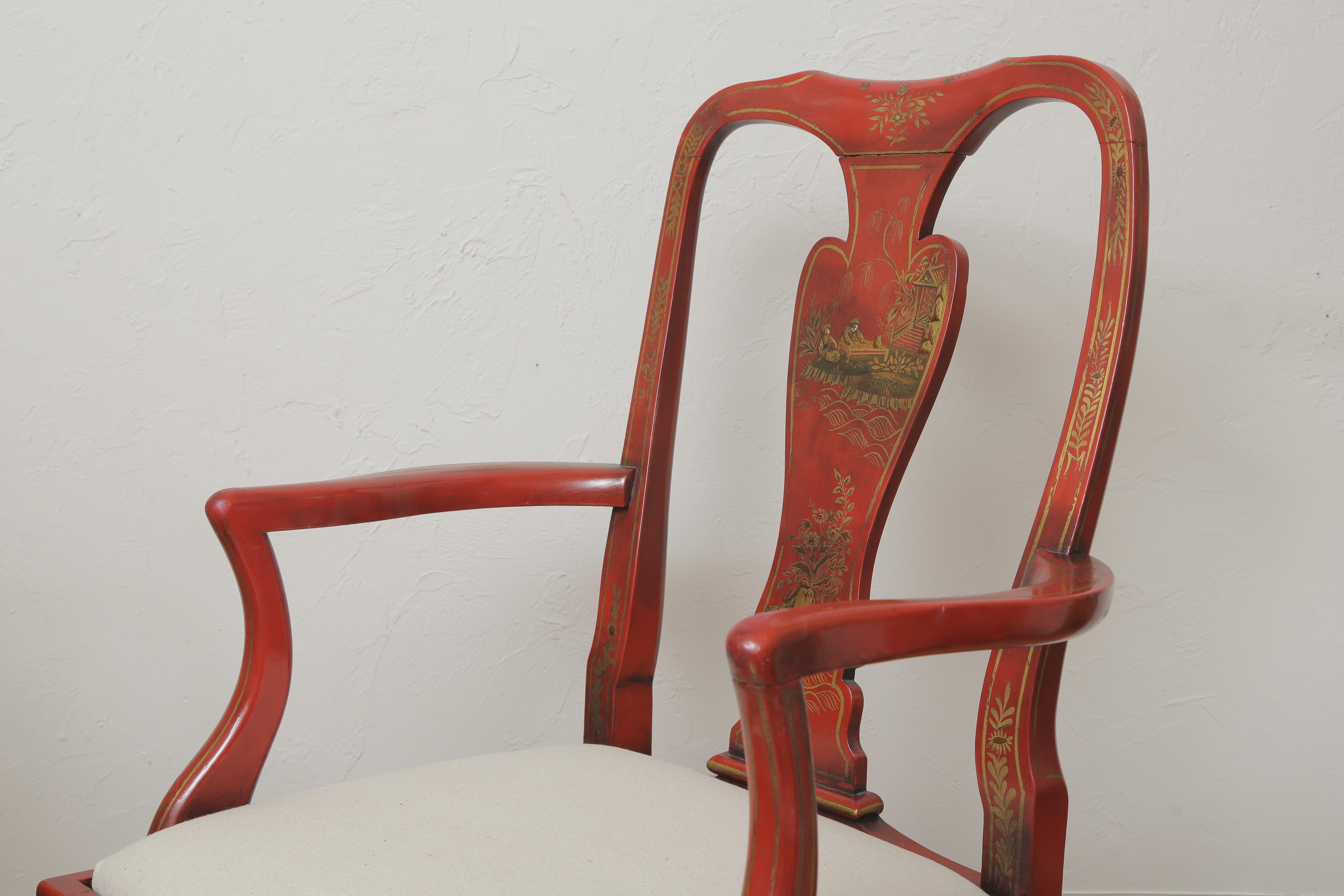 Set of Eight Lacquered Red Chinoiserie Dining Chairs For Sale 8