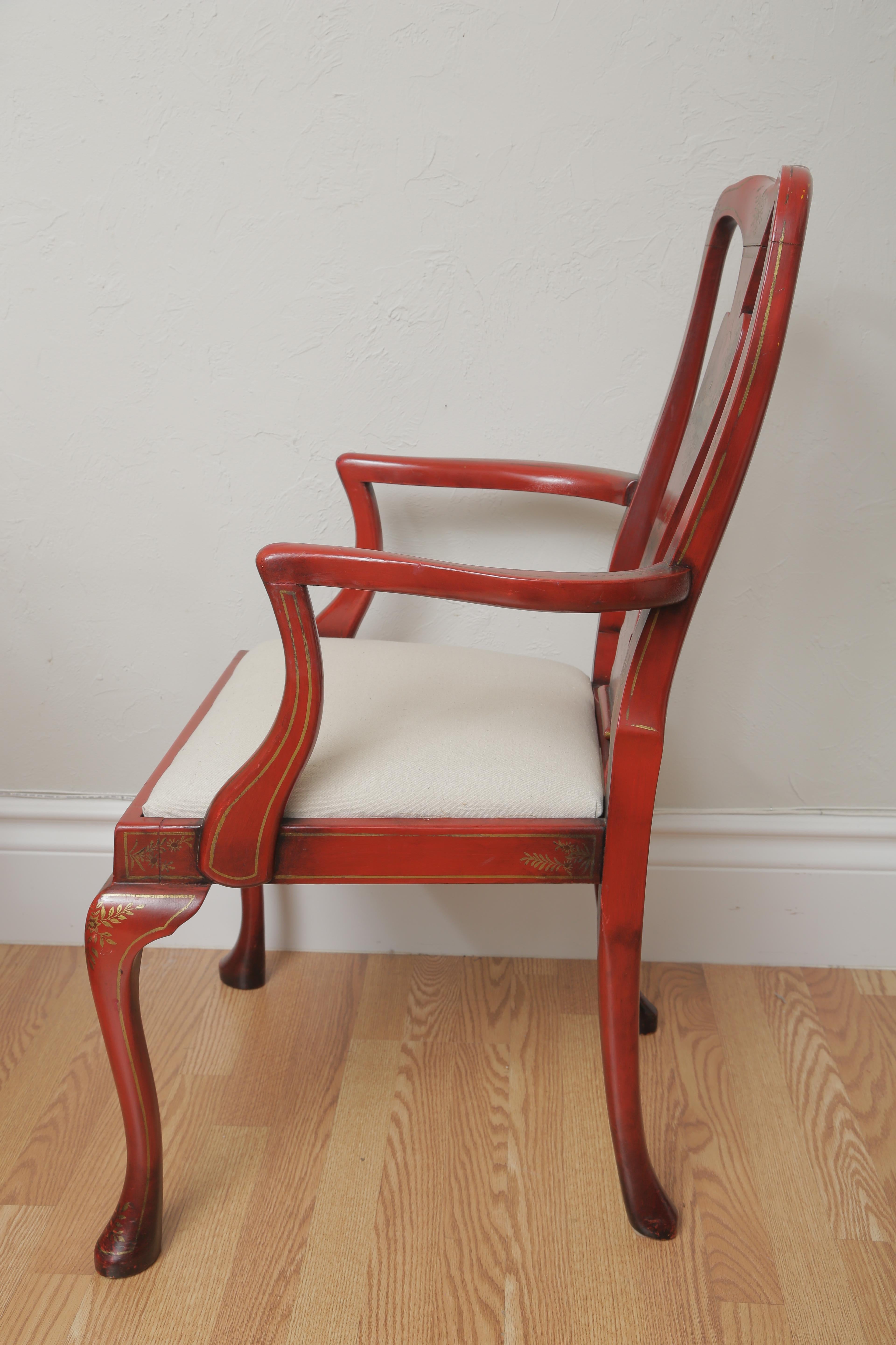Set of Eight Lacquered Red Chinoiserie Dining Chairs For Sale 9