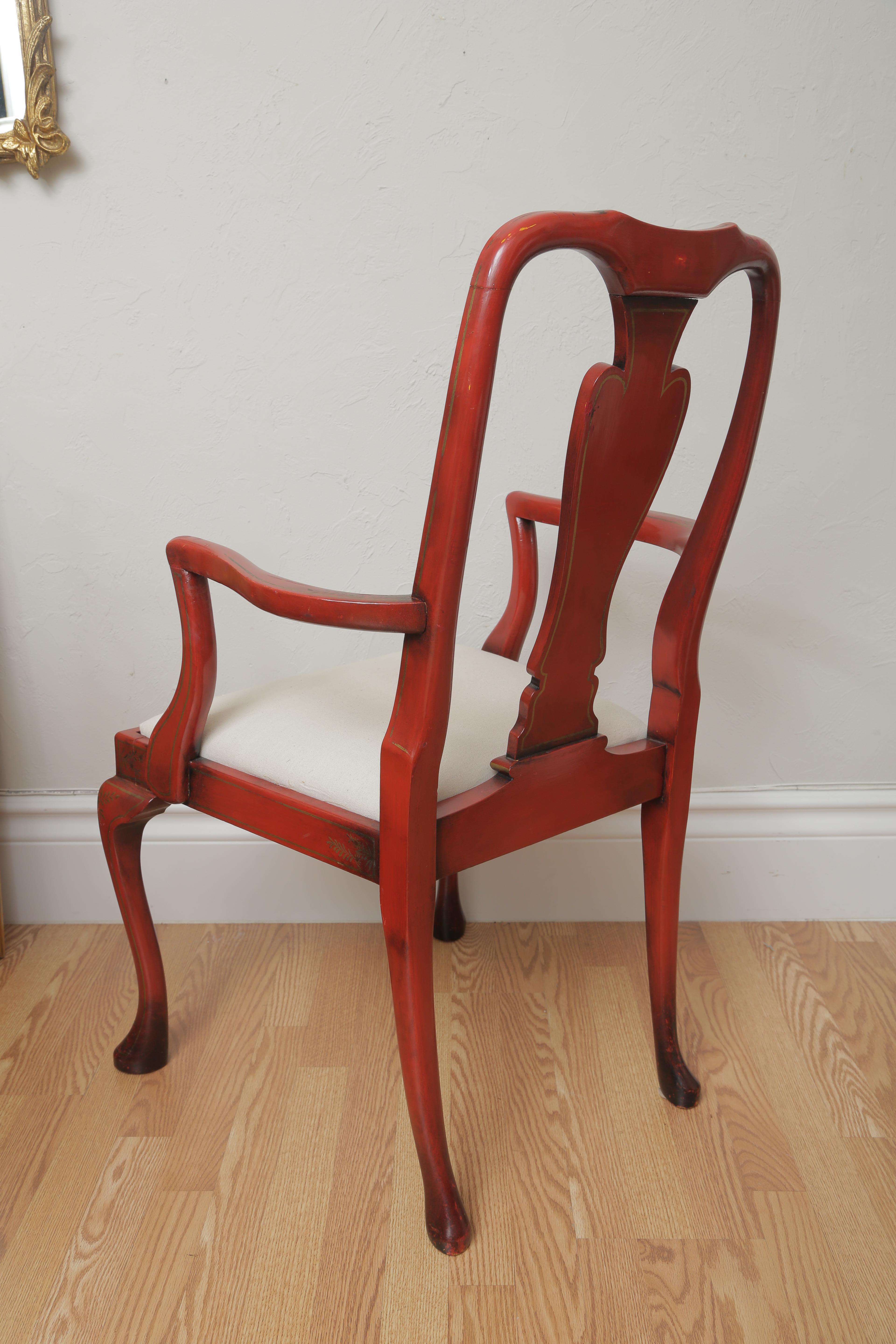 Set of Eight Lacquered Red Chinoiserie Dining Chairs For Sale 10