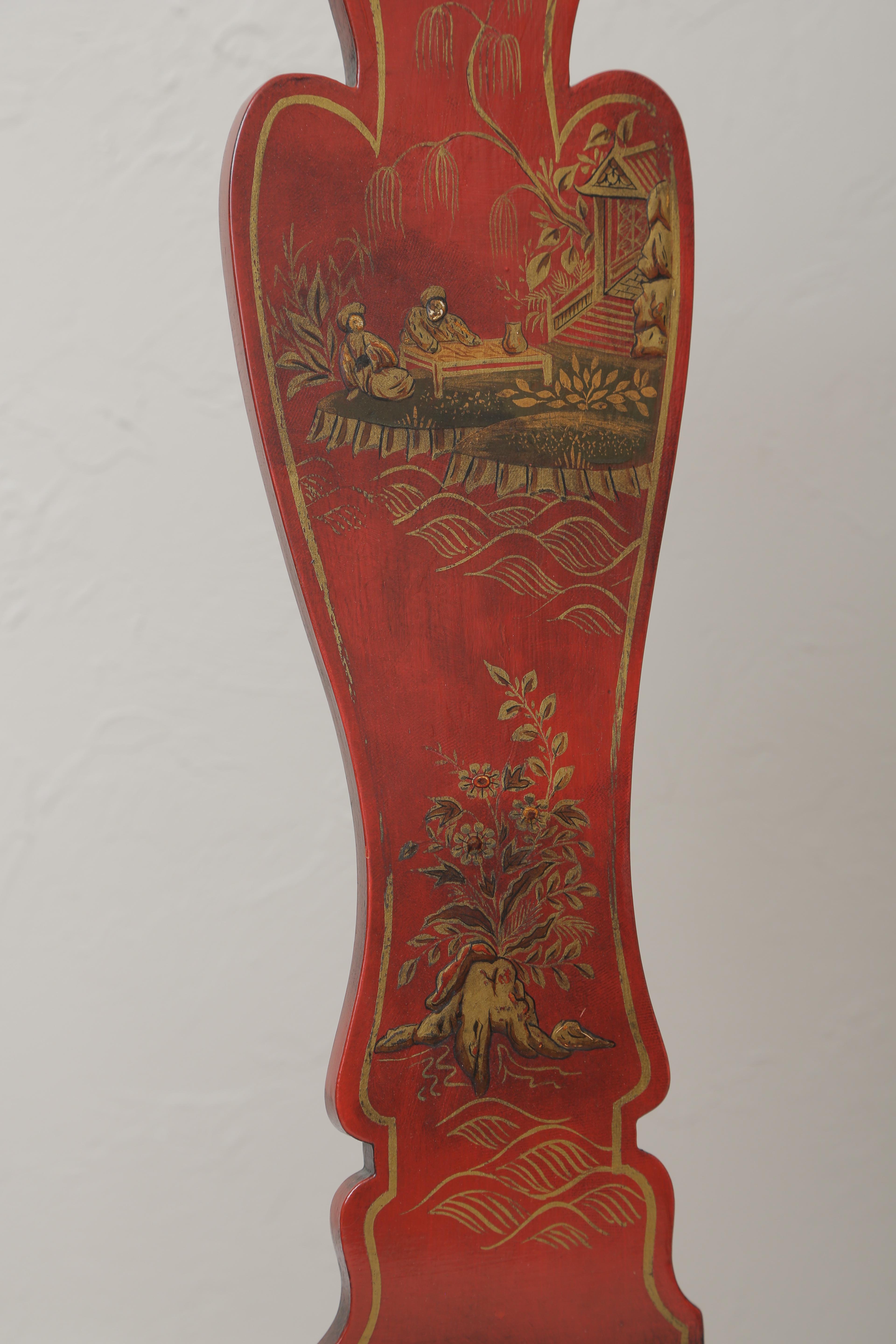 Set of Eight Lacquered Red Chinoiserie Dining Chairs For Sale 11
