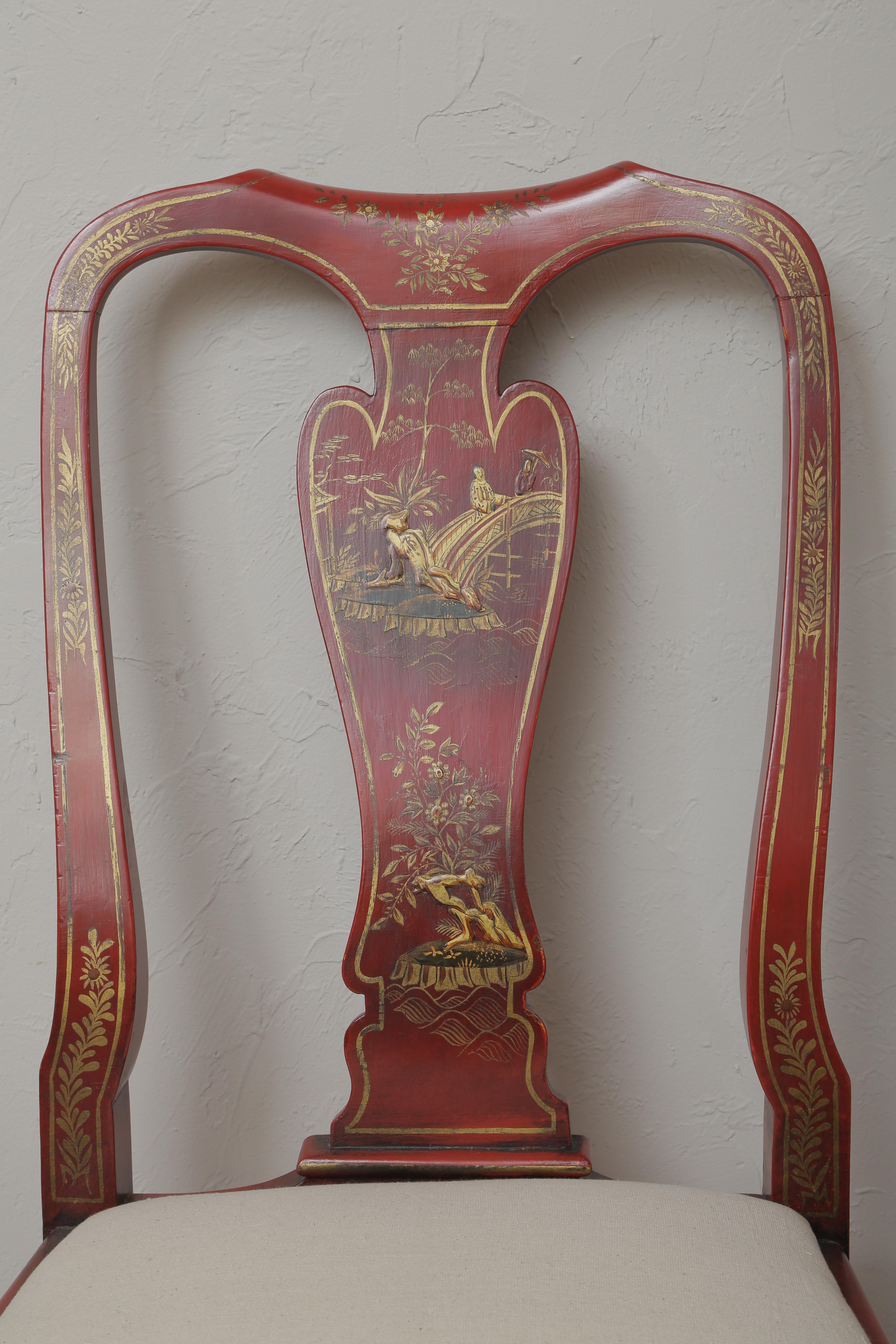 English Set of Eight Lacquered Red Chinoiserie Dining Chairs For Sale