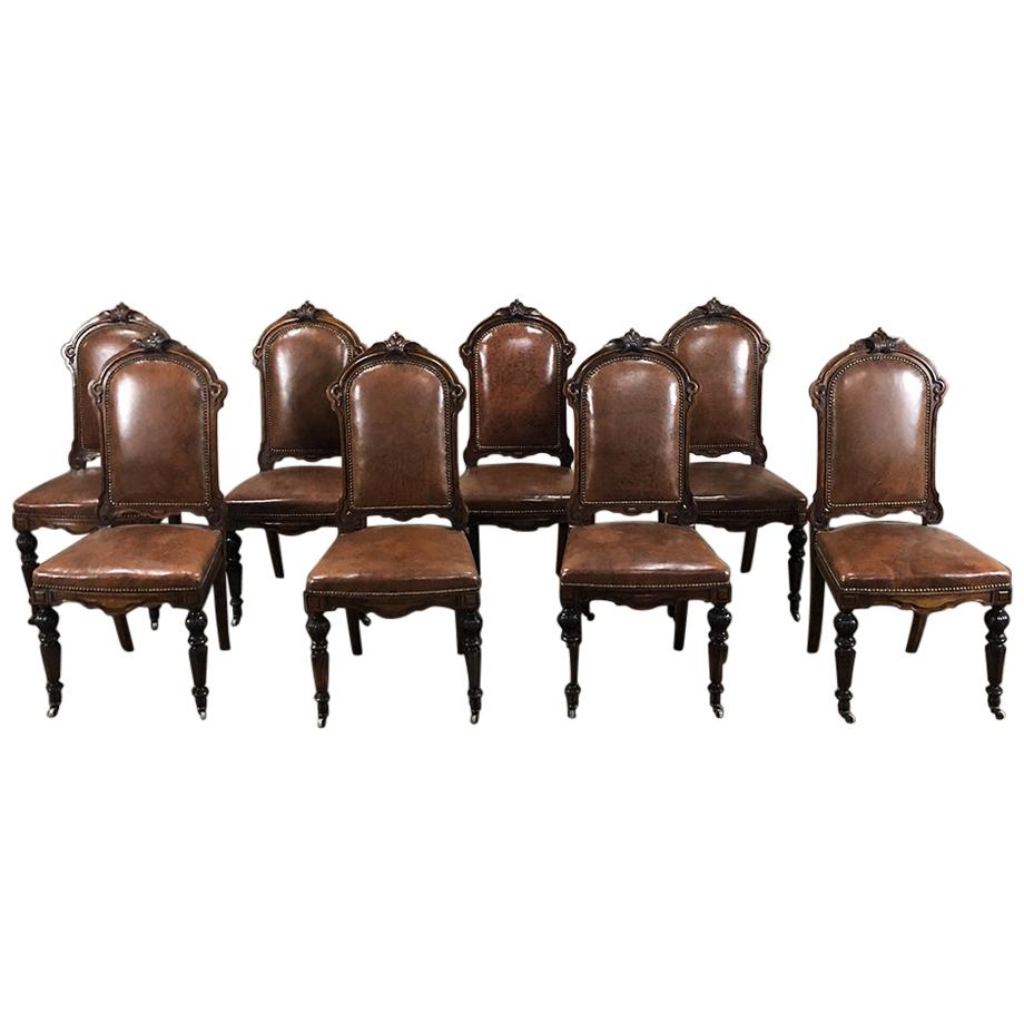 Set of Eight 19th Century French Walnut Renaissance Dining Chairs
