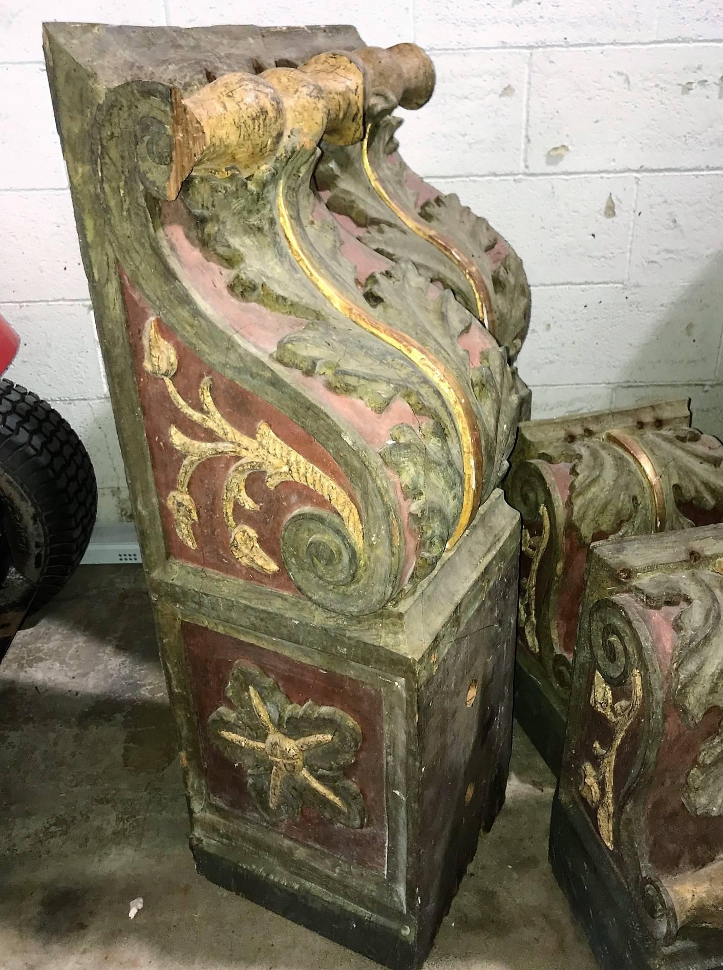 Fabulous grouping of eight 19th century Italian architectural corbels of pine and oak, masterfully hand-carved with scrolling acanthus leaves depicted in relief. The set retains the original old painted and polychrome finish,

circa 1860.

Could