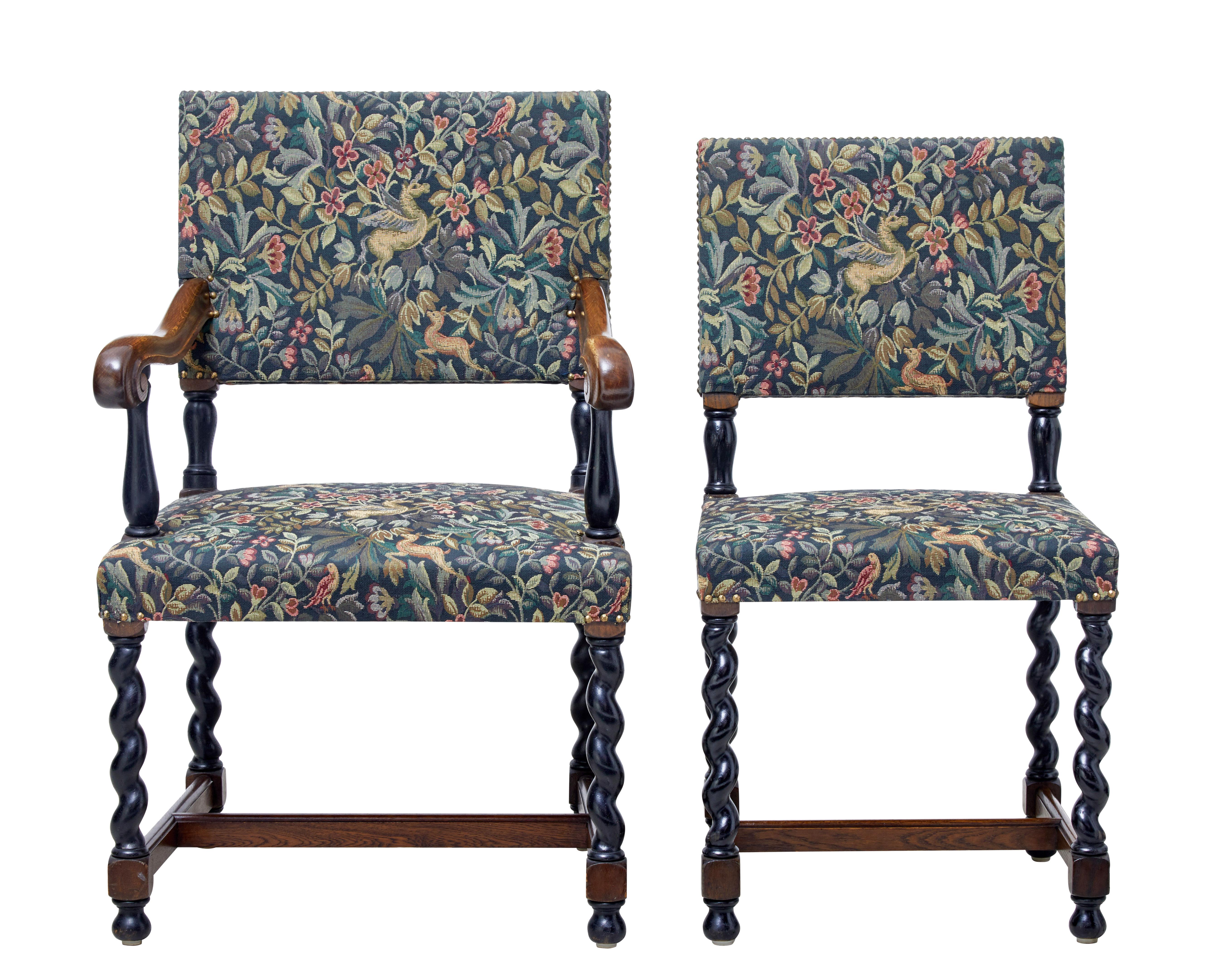 Good quality set of six single and two carver dining chairs circa 1890.

Recently upholstered in a William Morris style fabric and stud work.

Armchairs with scrolled arms, ebonized supports and barley twist legs. United by an 'h' frame