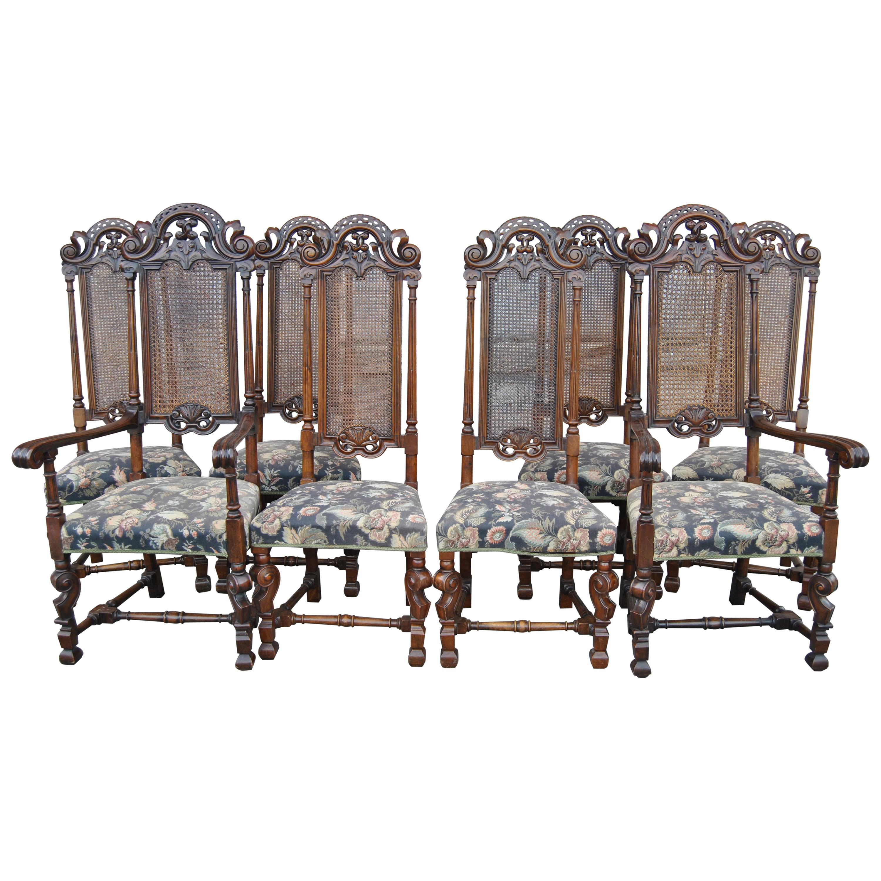 Set of Eight 19th Century Tall Back Walnut William and Mary Style Chairs