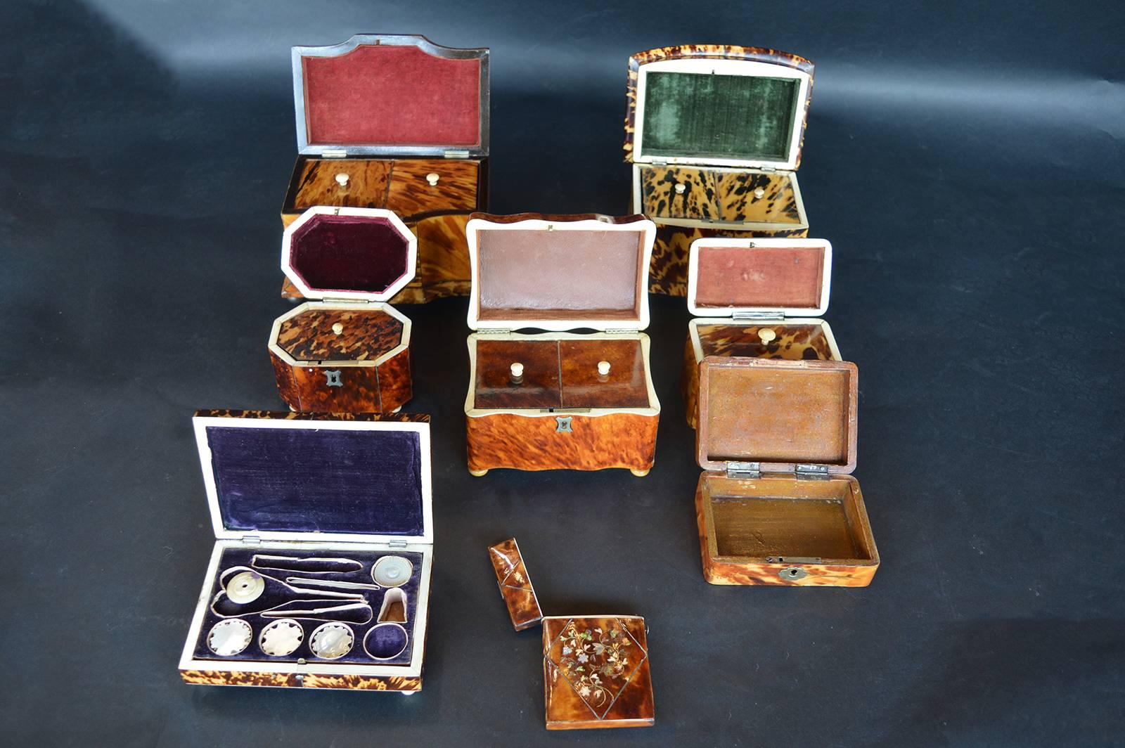 English Set of Eight 19th Century Tortoiseshell Boxes