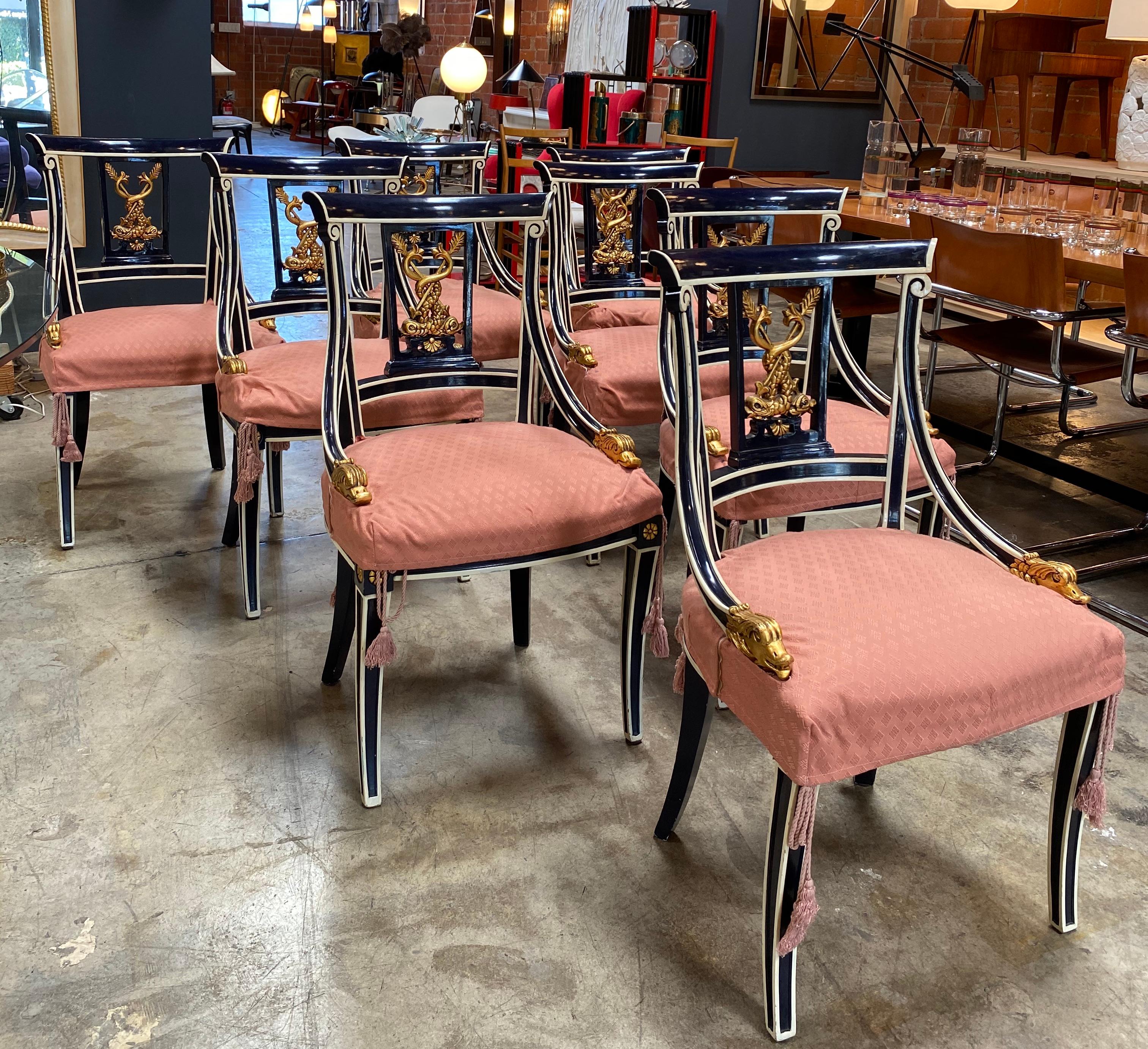 A splendid matched series of eight Venetian chairs dating from the mid-late 19th century. Stunning royal blue lacquered paint and golden water details and design on the chairs, with subtle brush strokes and a magnificent patina. The color is just