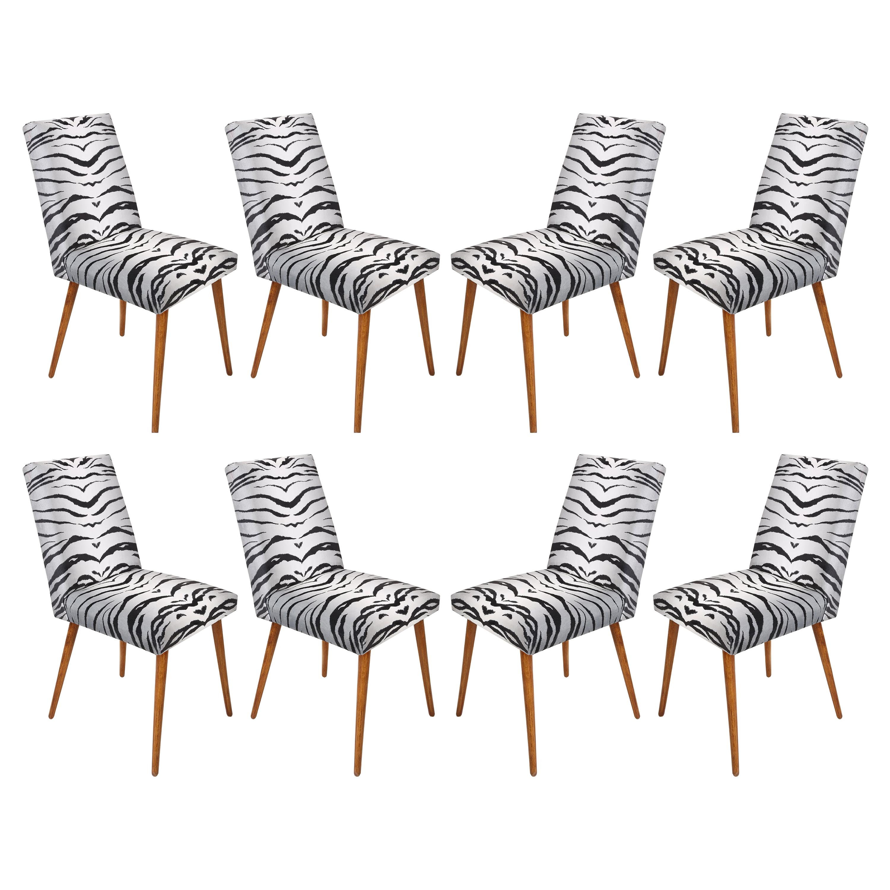 Set of Eight 20th Century Black and White Zebra Velvet Chairs, Europe, 1960s For Sale