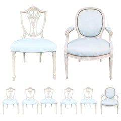 Set of Eight 20th Century Dining Chairs with Blue Leather Seats, 6 Sides, 2 Arms