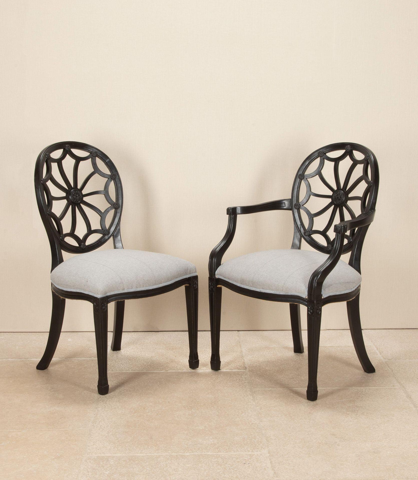 Set of eight mid-20th Century Continental Neo-Classical style ebonised dining chairs. Circa 1950.