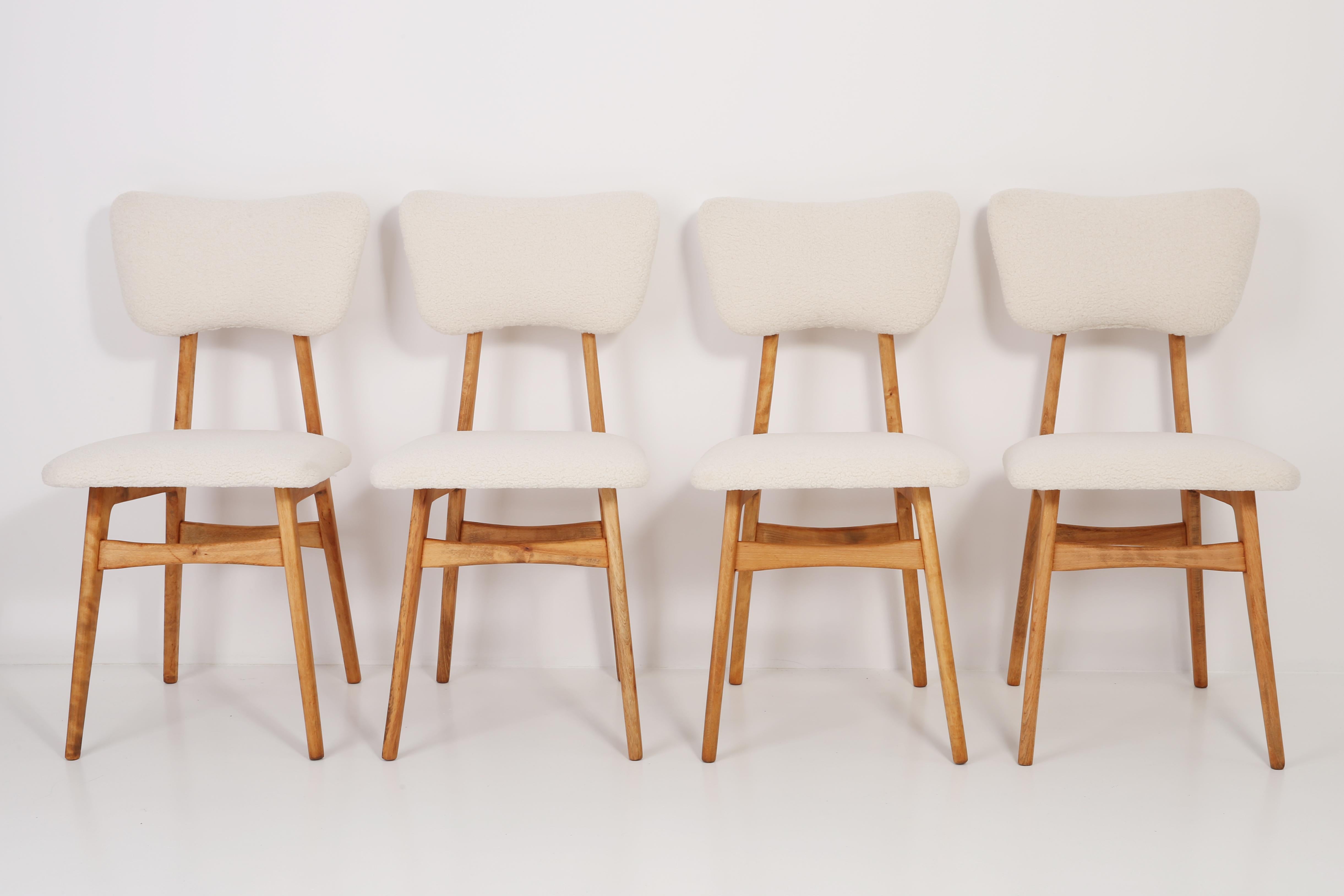 Chairs designed by Prof. Rajmund Halas. Made of beechwood. Chair is after a complete upholstery renovation, the woodwork has been refreshed. Seat and back is dressed in crème, durable and pleasant to the touch boucle fabric. Chair is stable and very