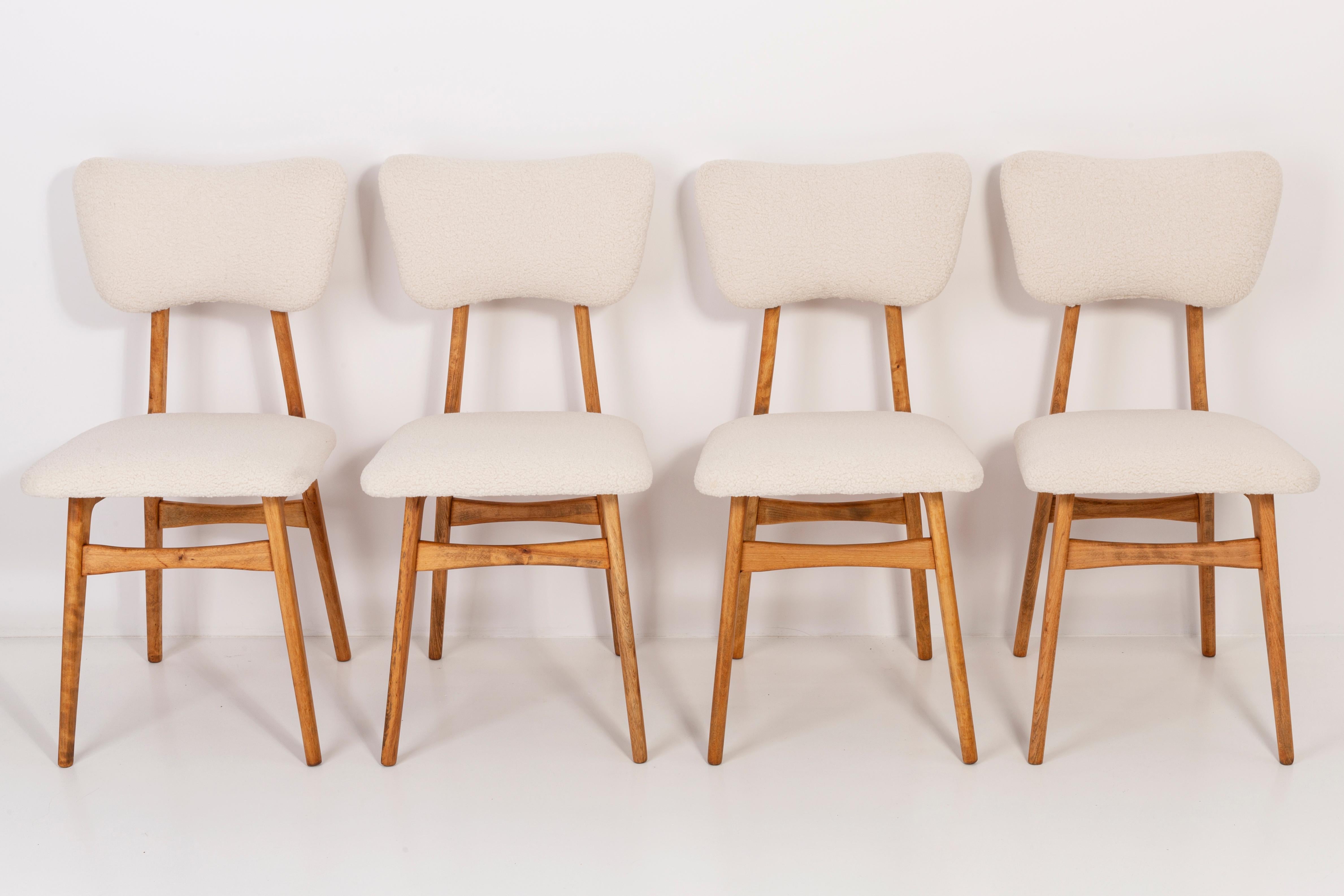 Polish Set of Eight 20th Century Light Crème Boucle Chairs, 1960s For Sale