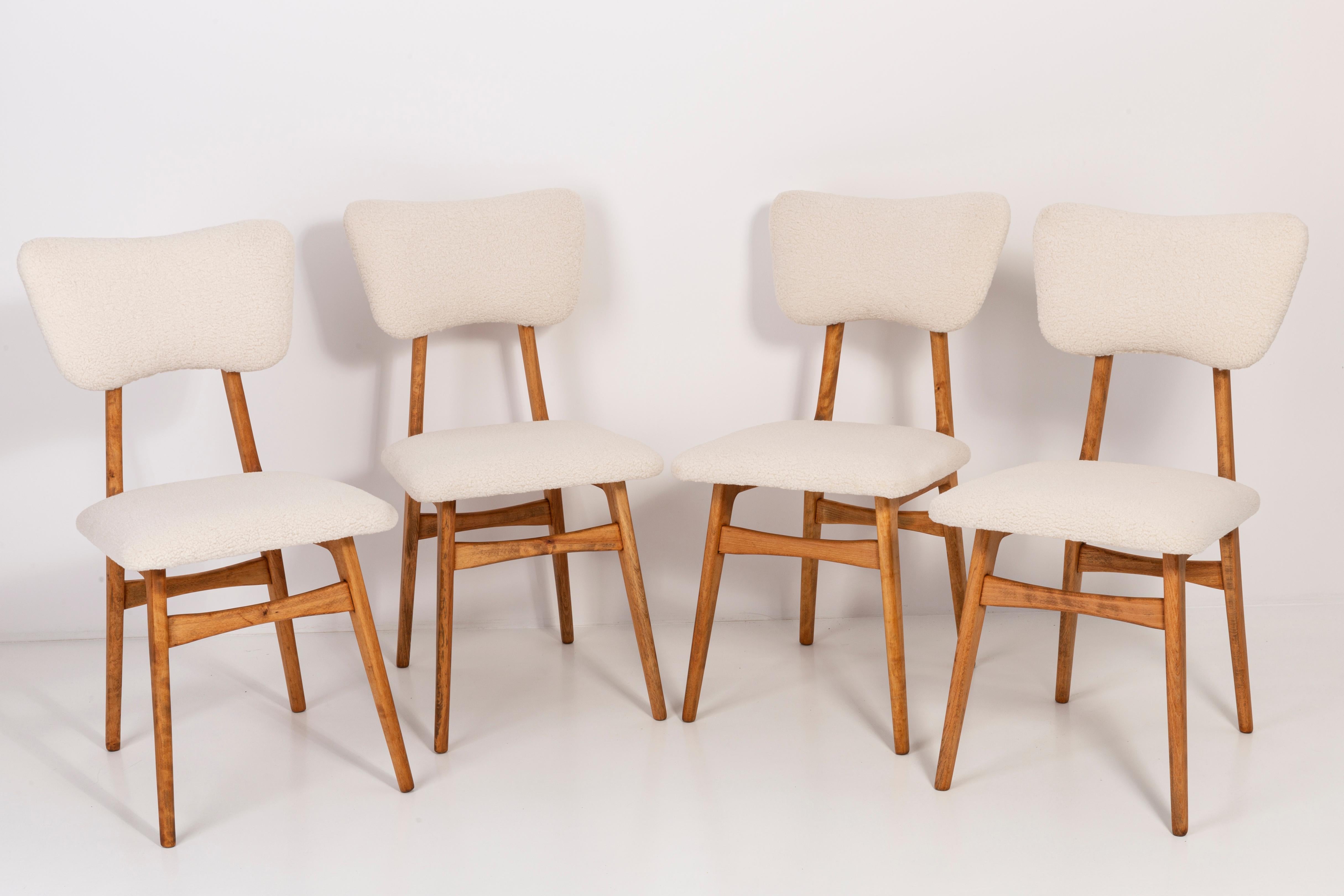 Hand-Crafted Set of Eight 20th Century Light Crème Boucle Chairs, 1960s For Sale