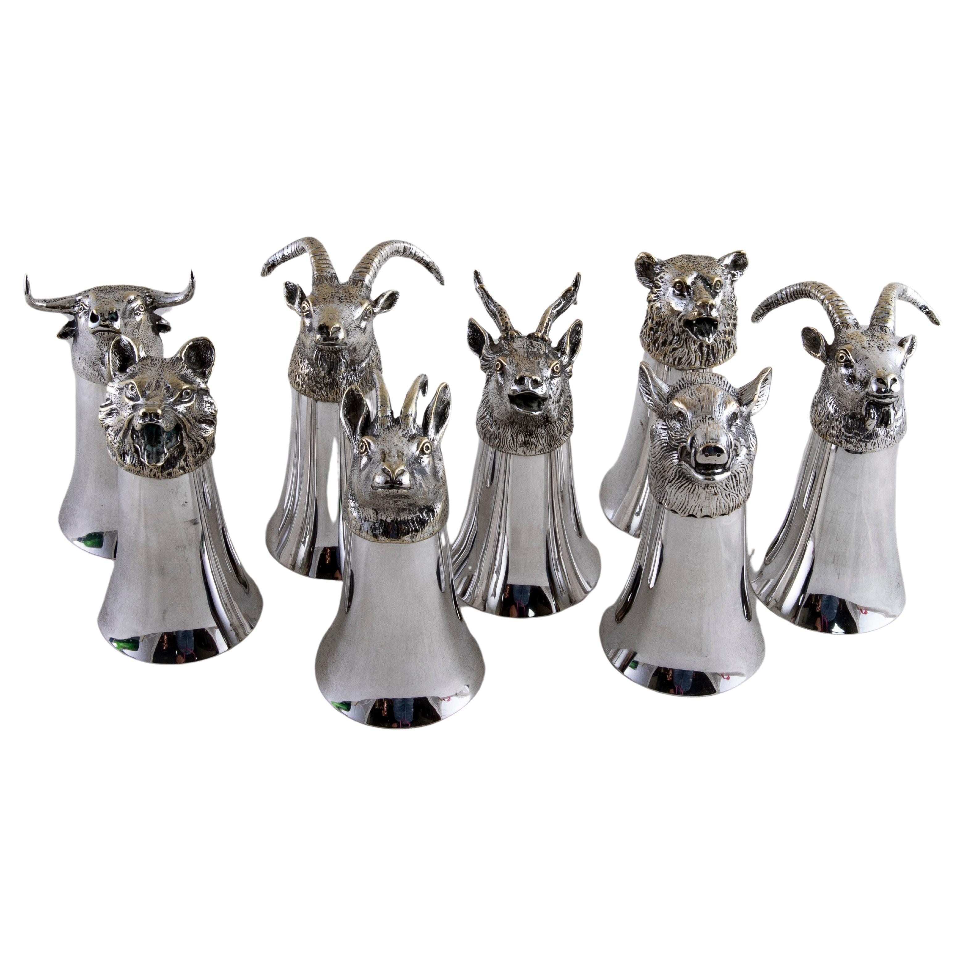 Set of Eight 20th Century Spanish Silver Plate Stirrup Cups with Hunt Animals