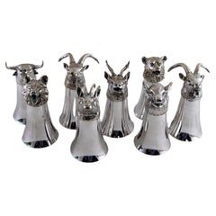 Vintage Set of Eight 20th Century Spanish Silver Plate Stirrup Cups with Hunt Animals