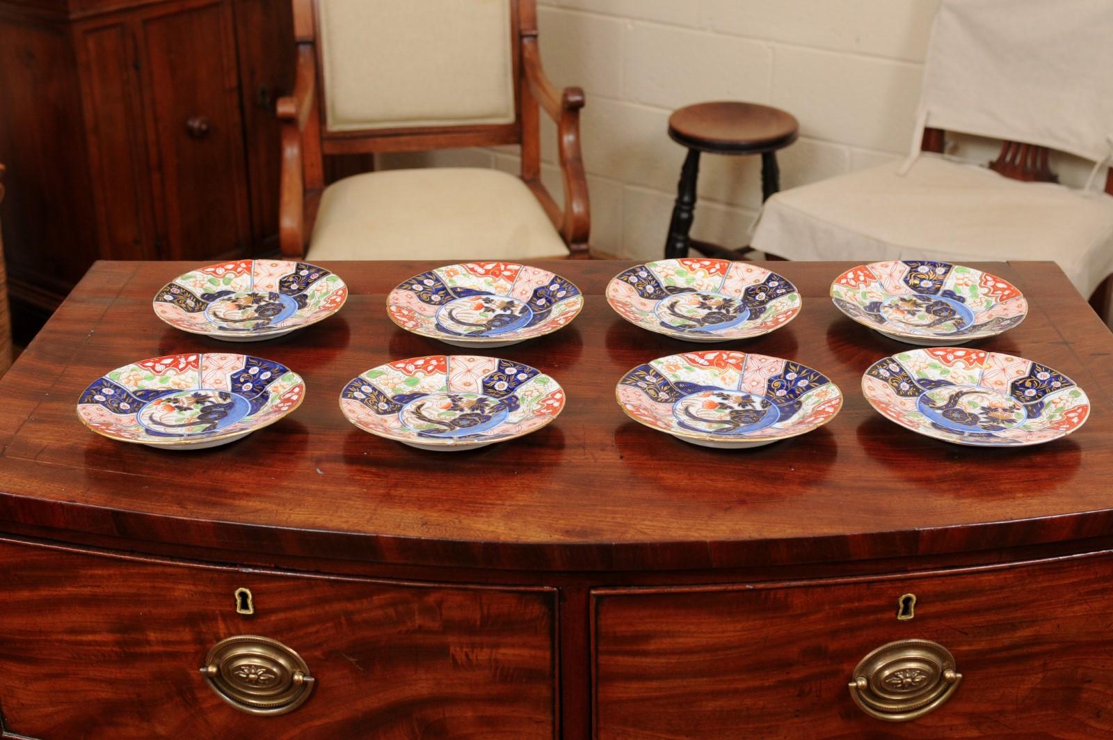 English Set of Eight '8' Porcelain Plates in “Money Tree” Pattern, England, circa 1820 For Sale