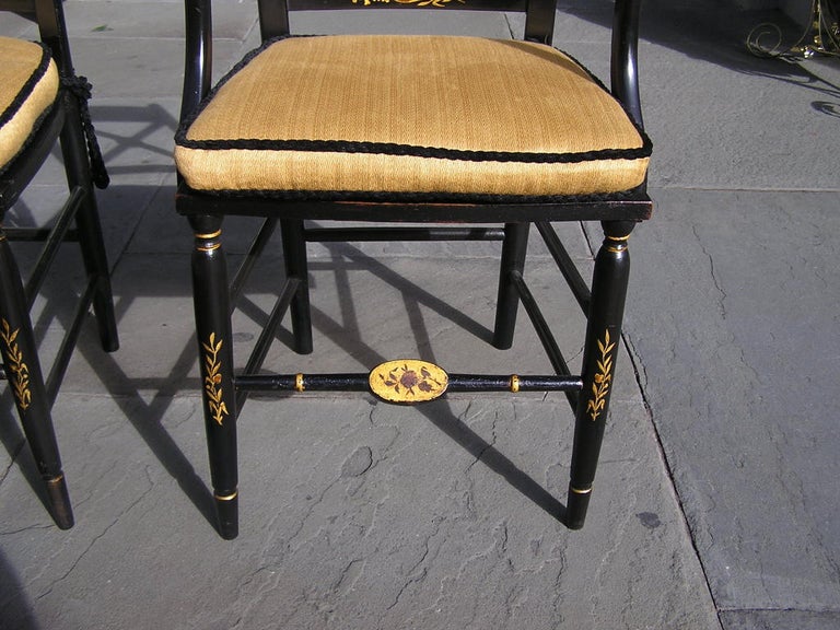 Silk Set of Eight American Black Lacquered and Gilt Fancy Chairs Baltimore, C. 1810 For Sale