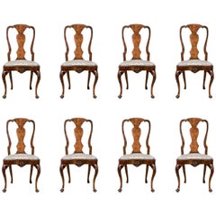 Set of Eight Used Burl Wood Queen Anne Style Dining Room Side Chairs