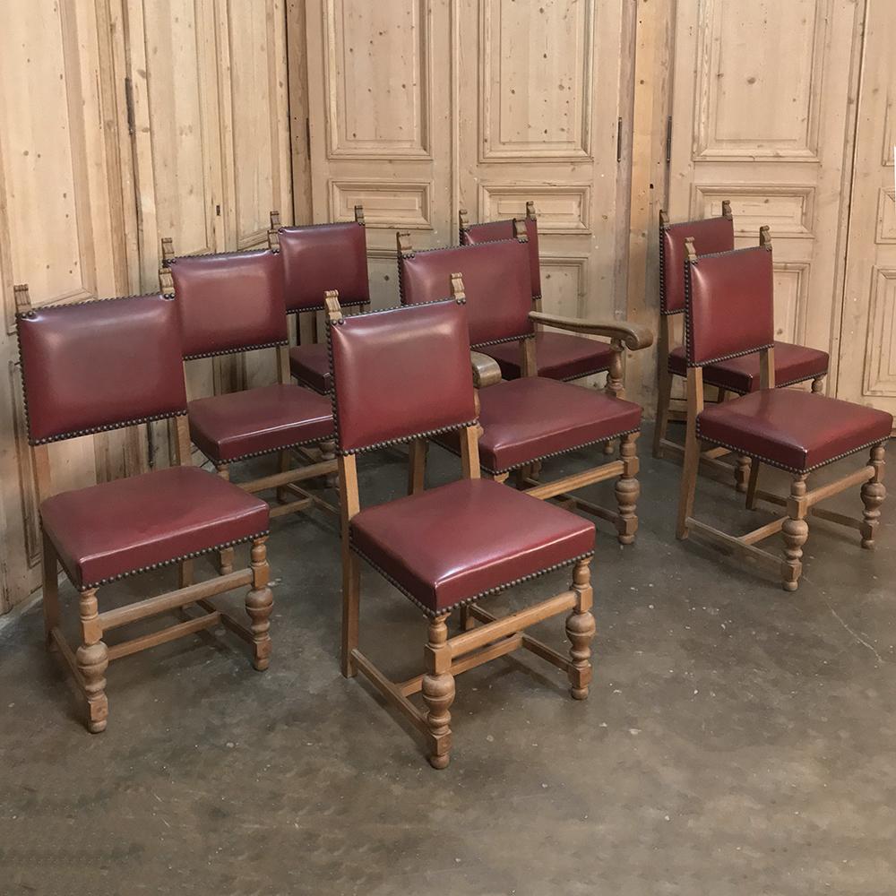 Set of eight antique chairs includes 1 armchair ~ an ideal choice for any decor! Stately, timeless architecture and sturdy construction from solid, dense old-growth oak ensure your family will enjoy these chairs for decade after decade. Urn motifs