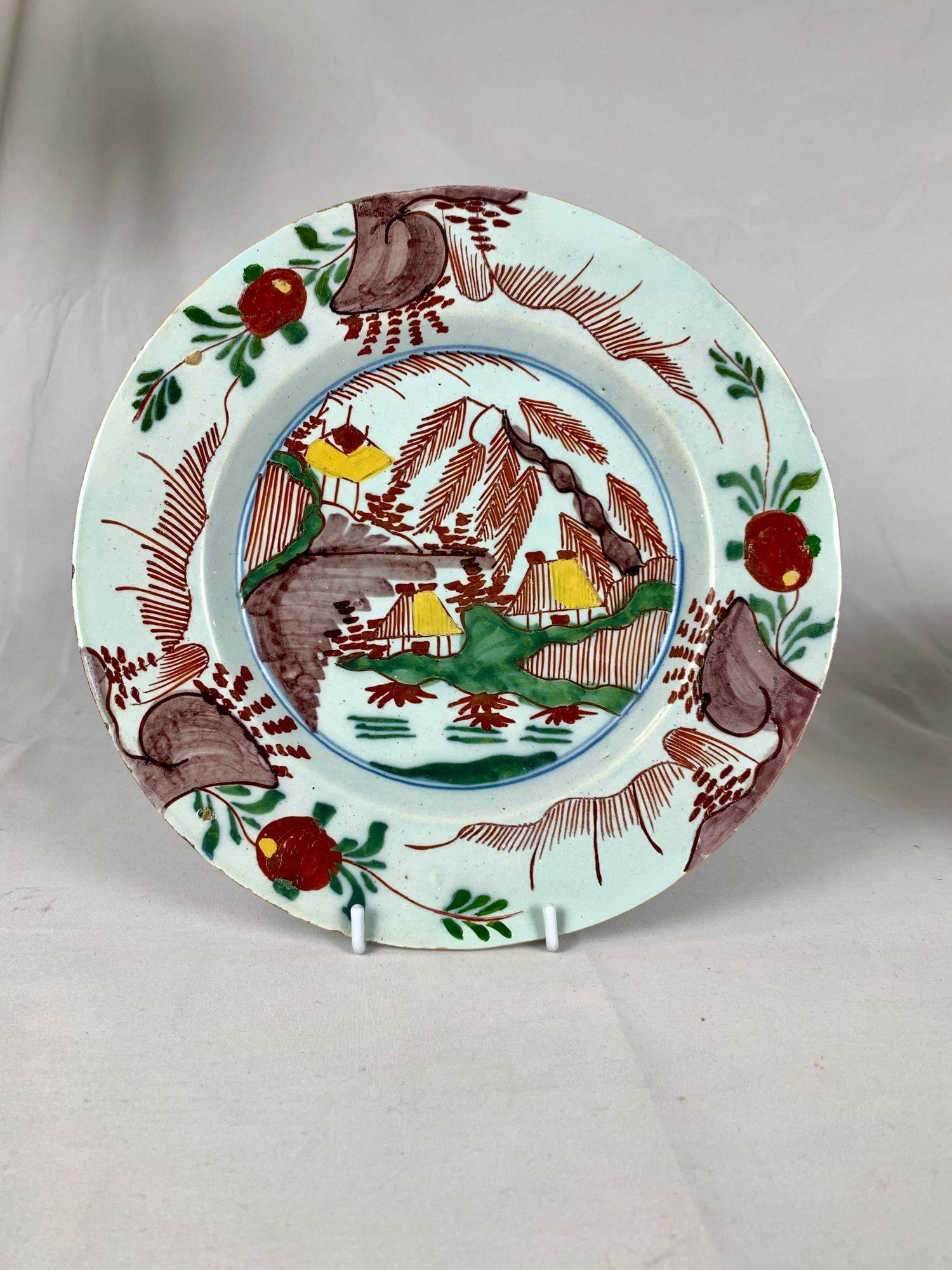 Juego de Ocho Platos Antiguos de Delft Holandés Pintados a Mano Escena de Paisaje Circa 1780 Chinoiserie en venta