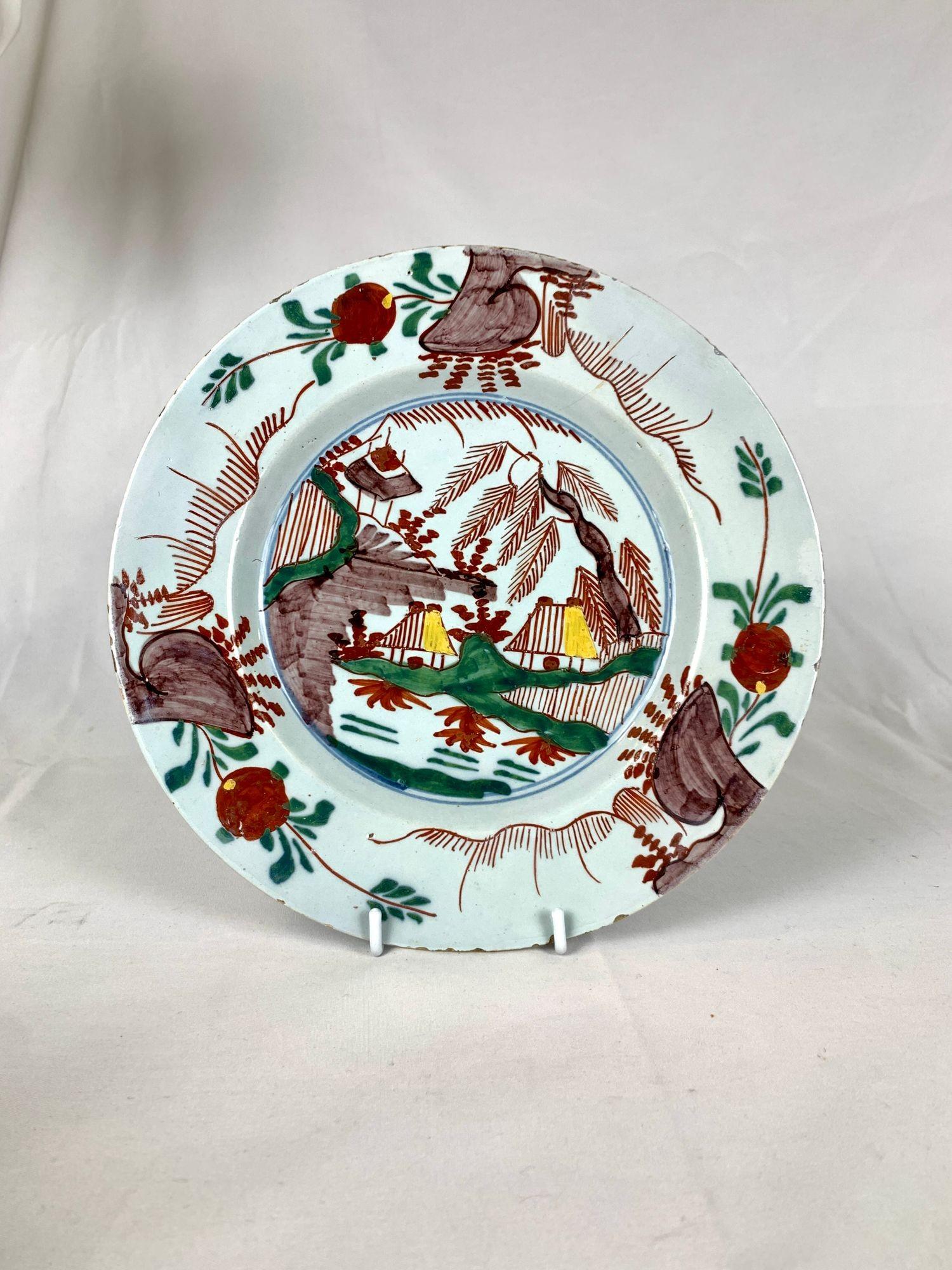 Juego de Ocho Platos Antiguos de Delft Holandés Pintados a Mano Escena de Paisaje Circa 1780 en venta 2