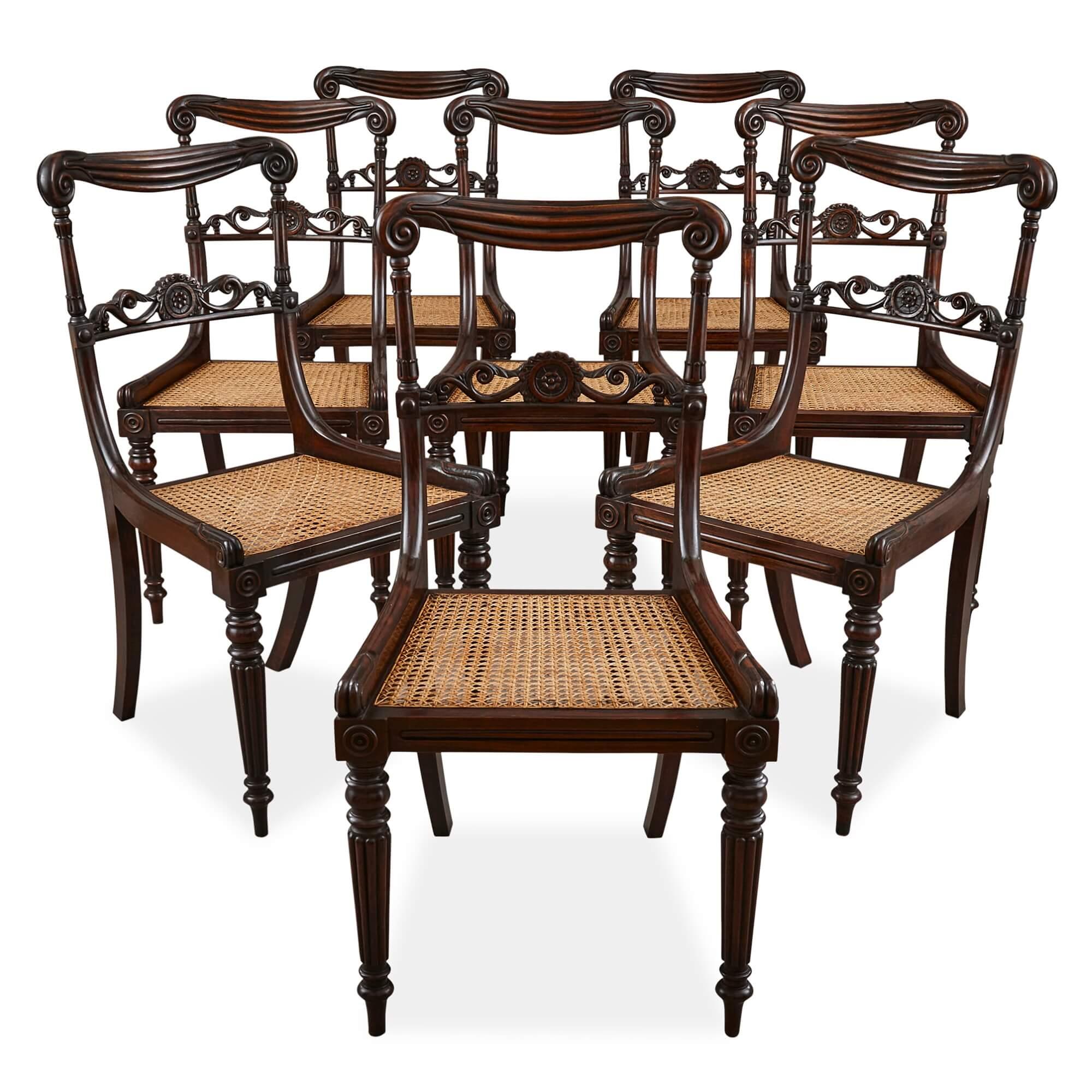 Set of eight antique English late Victorian chairs
English, c.1880
Measures: Height 87cm, width 46cm, depth 48cm

These excellent chairs were crafted in the late nineteenth century in Victorian England, and exemplify the style and sophistication