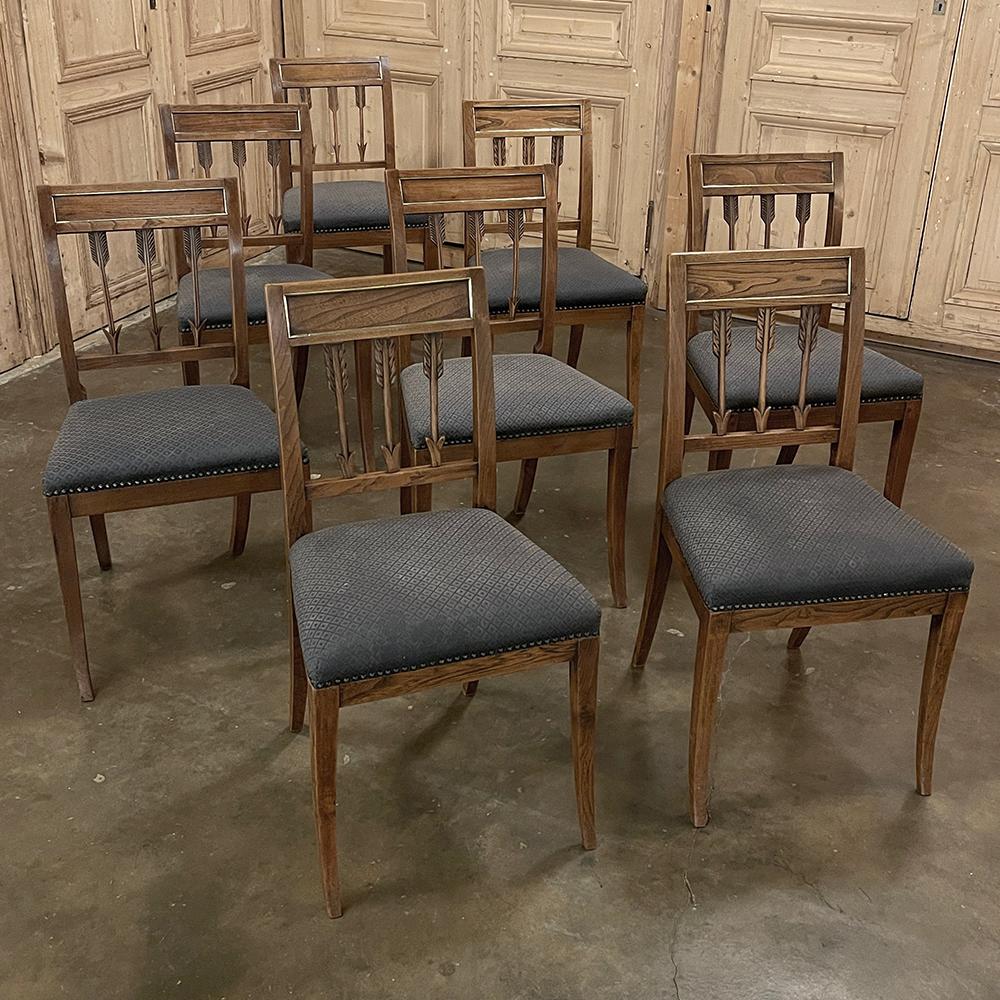 Set of Eight Antique French Directoire Dining Chairs is a relatively rare find, especially with this level of quality and preservation!  The diamond pattern mohair is of the best quality but showing its age, so probably best replaced in the near