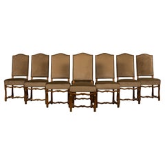 Set of Eight Antique French Louis XIII Maple Dining Chairs in Brown Velvet