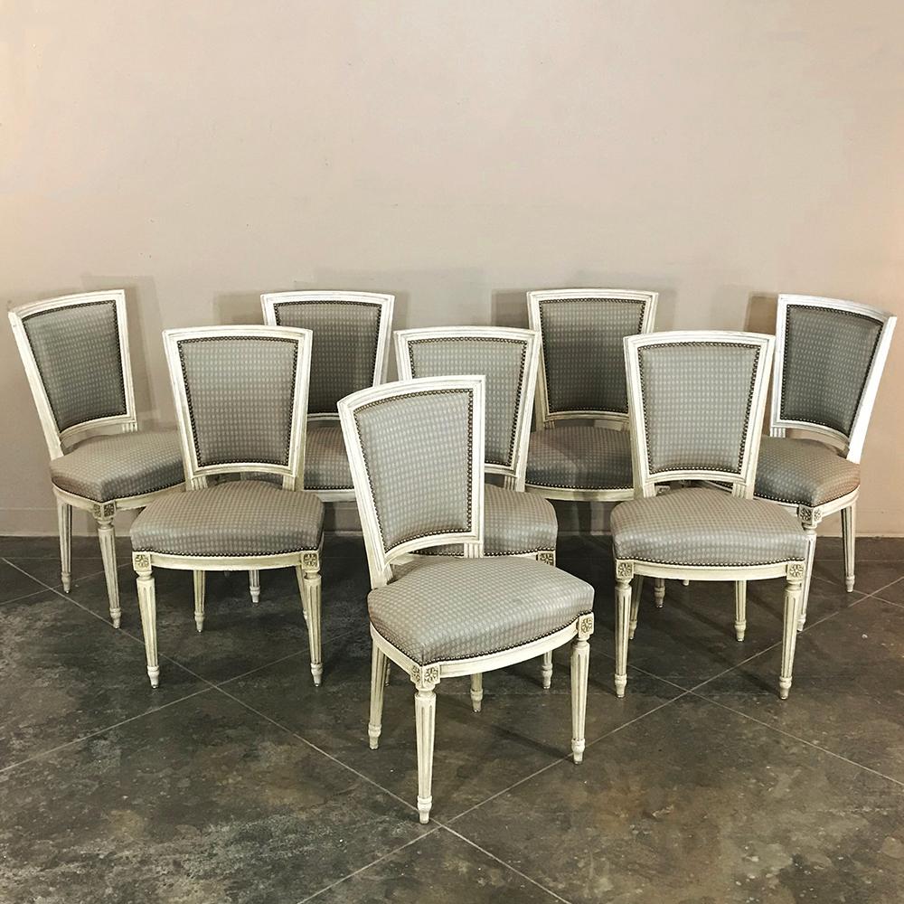 Hand-Painted Set of Eight Antique French Louis XVI Dining Painted Chairs