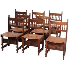Set of Eight Antique French Renaissance Walnut and Leather Dining Chairs