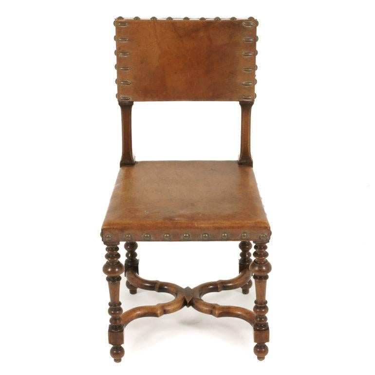 19th Century Set of Eight Antique French Walnut and Leather Chairs