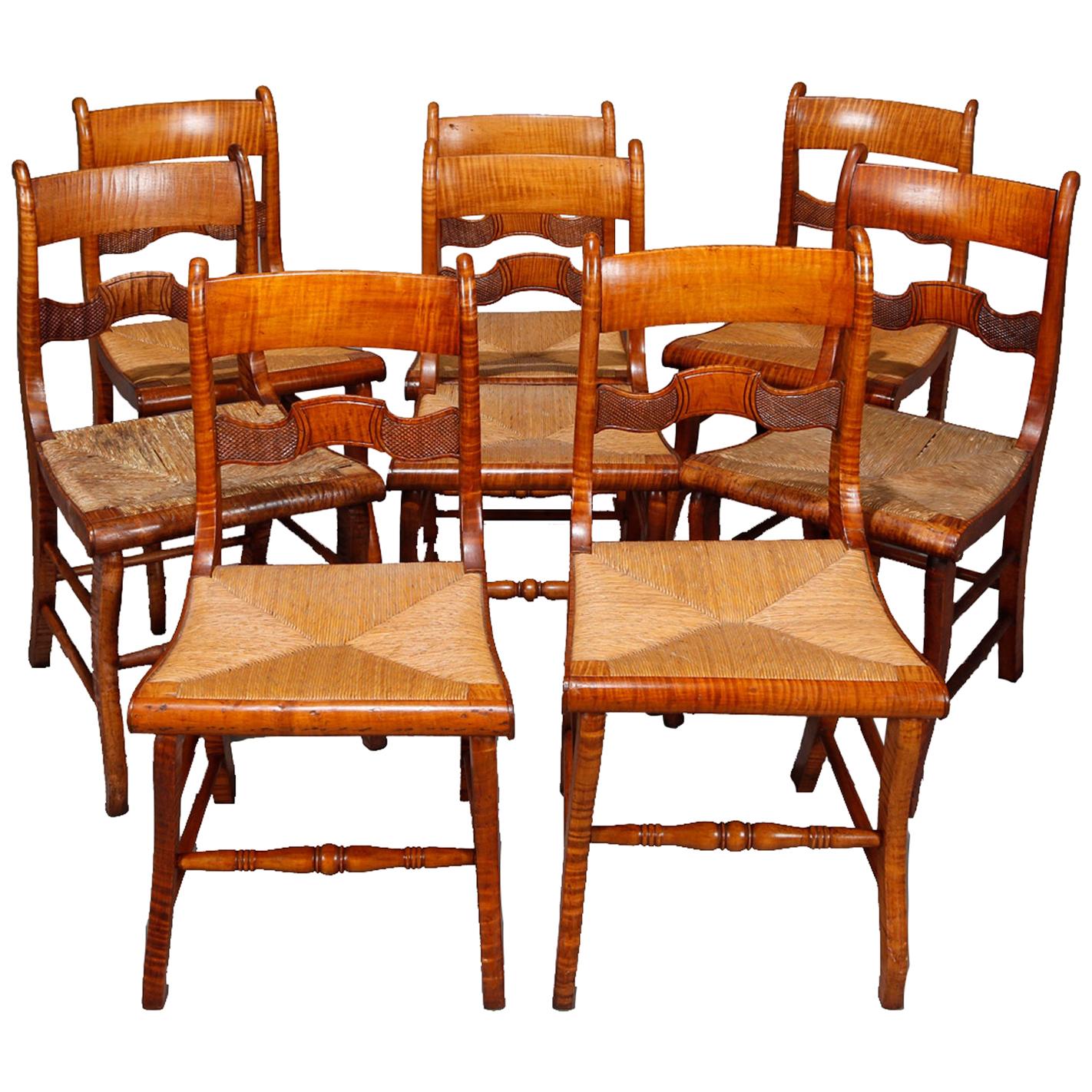Set of Eight Antique Handmade Ladder Back and Rush Seat Tiger Maple Chairs