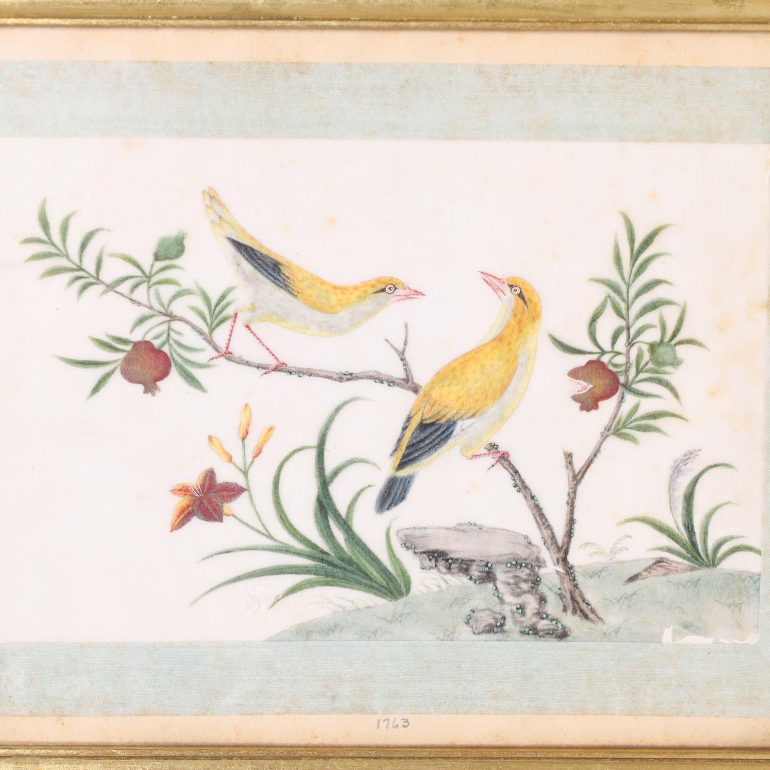 Silk Set of Eight Antique Japanese Bird Paintings For Sale