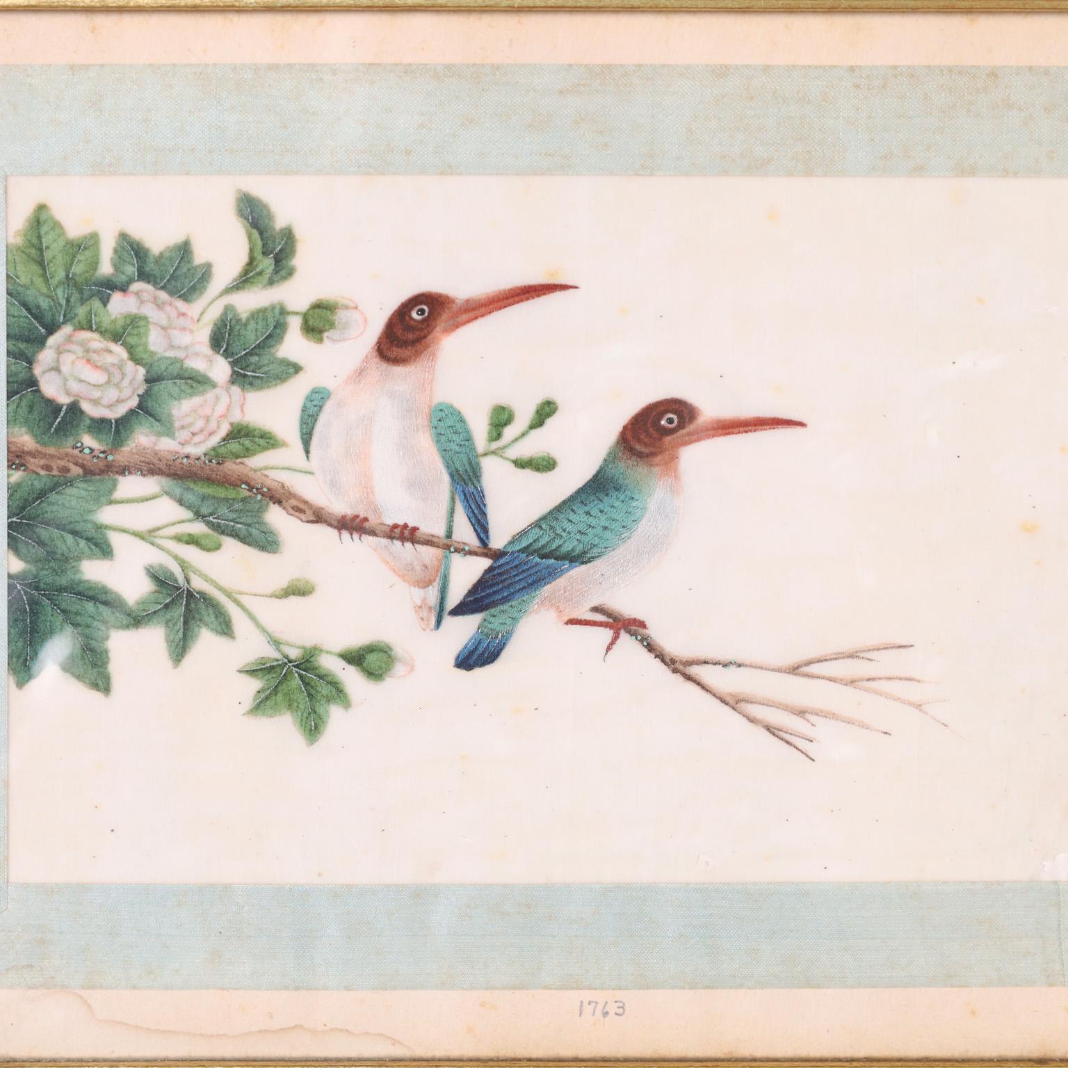 Set von acht antiken japanischen Vogelgemälden (Seide)