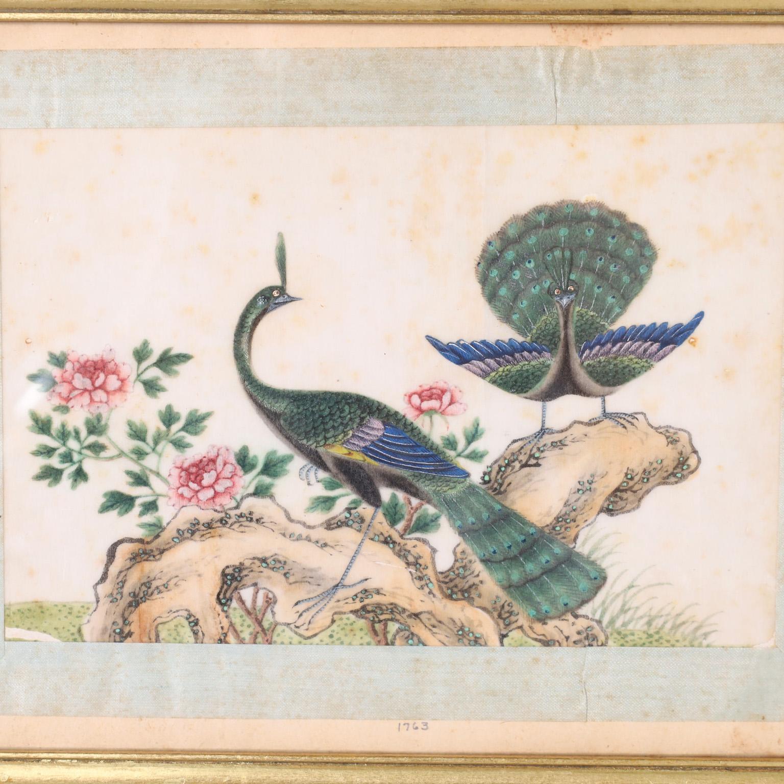 Set von acht antiken japanischen Vogelgemälden im Angebot 1