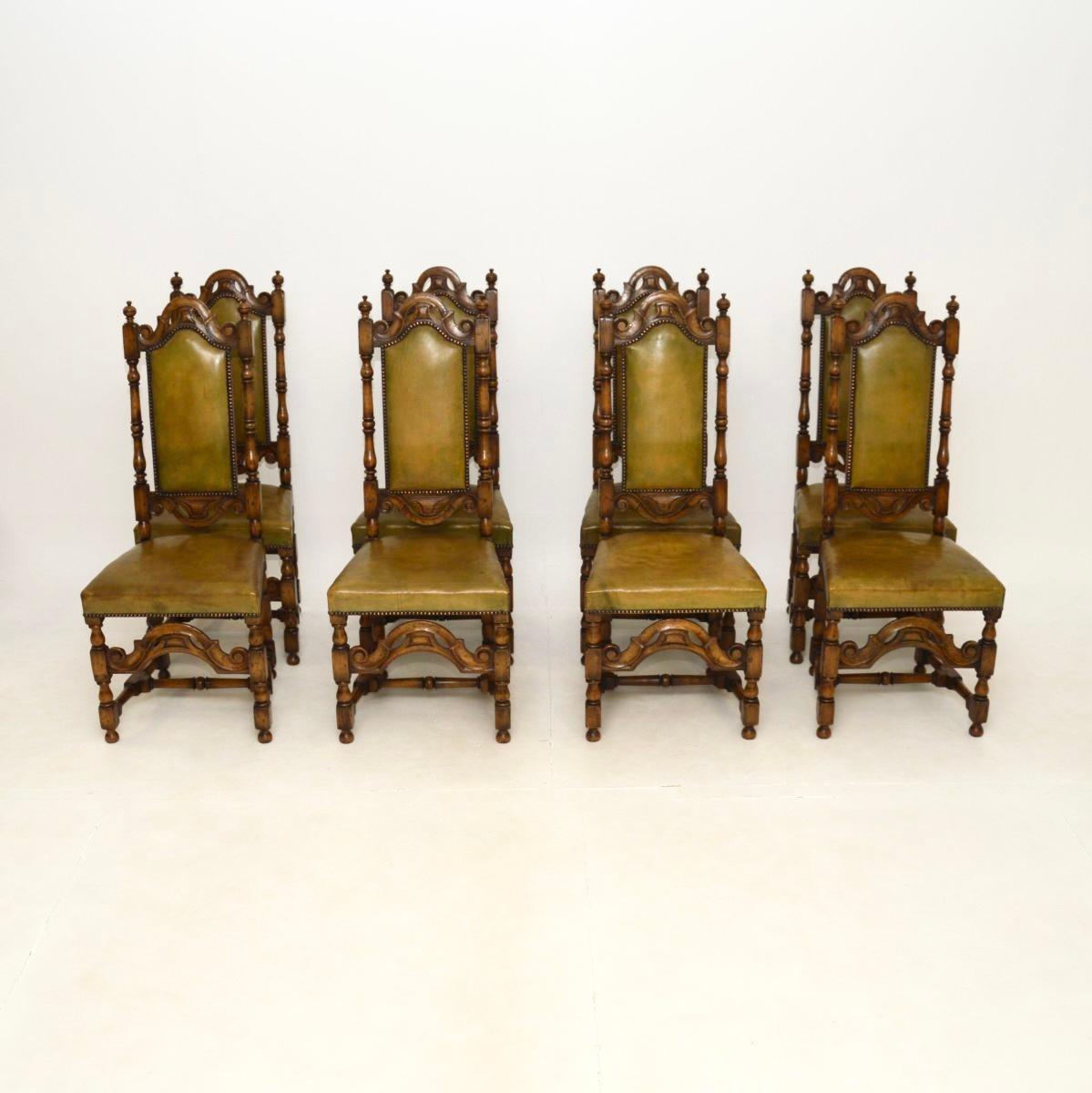 A beautiful set of eight antique leather and oak dining chairs. They are in the gothic revival style, they were made in England and date from around the 1920’s.

The quality is outstanding, they are beautifully carved from solid oak and have