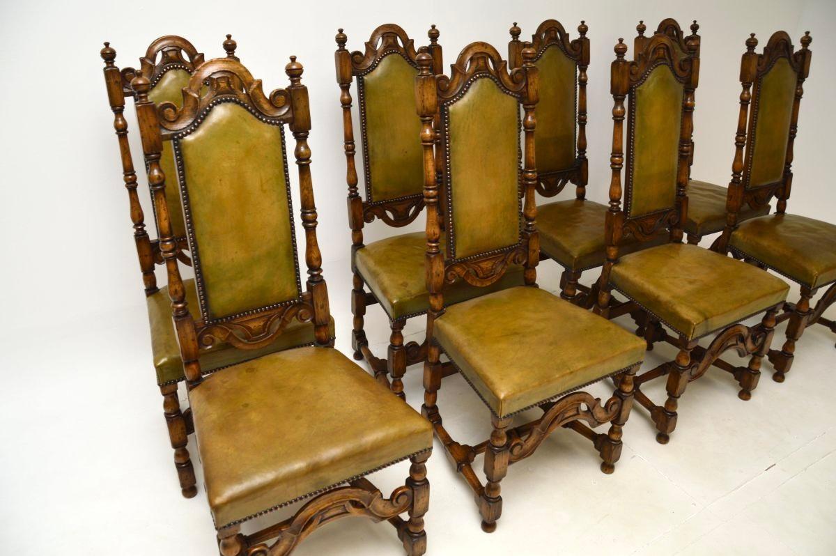 Set of Eight Antique Leather and Oak Dining Chairs Británico en venta