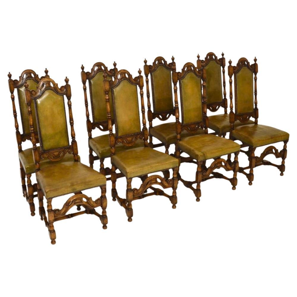 Set of Eight Antique Leather and Oak Dining Chairs en venta